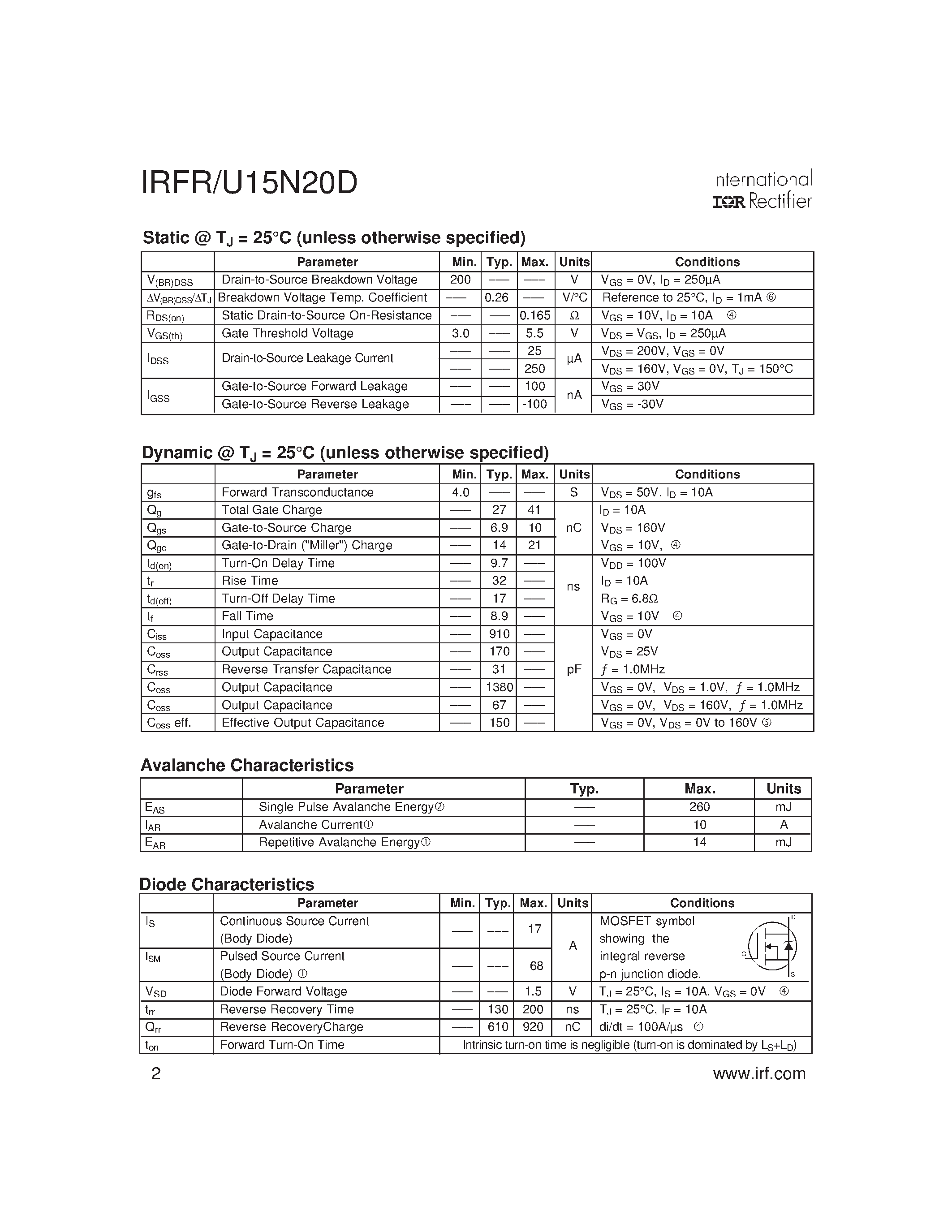 Datasheet IRFR15N20D page 2 Datasheet IRFR15N20D - (IRFR15N20D / IRFU15N20D) SMPS MOSFET page 2
