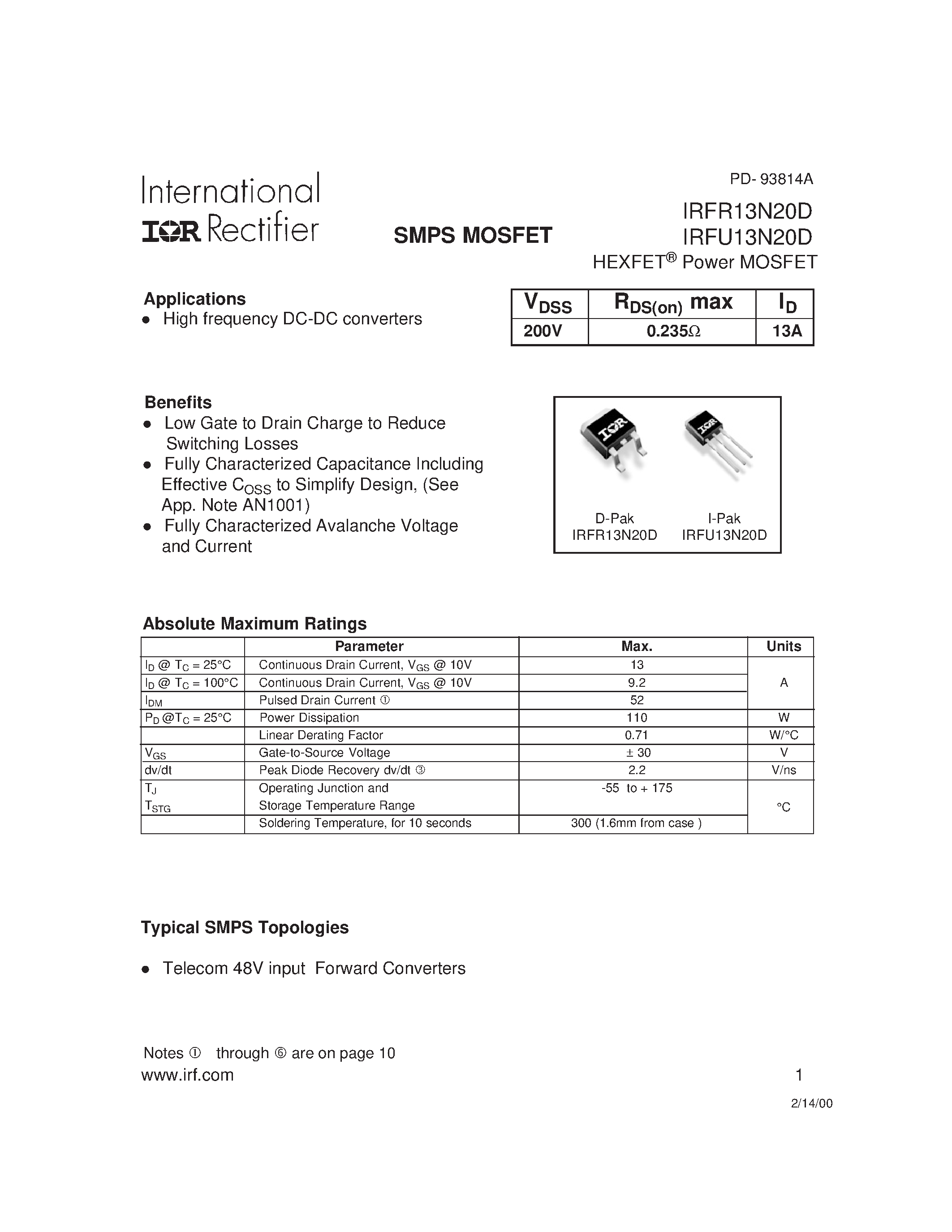 Datasheet IRFR13N20D page 1 Datasheet IRFR13N20D - (IRFR13N20D / IRFU13N20D) Power MOSFET page 1