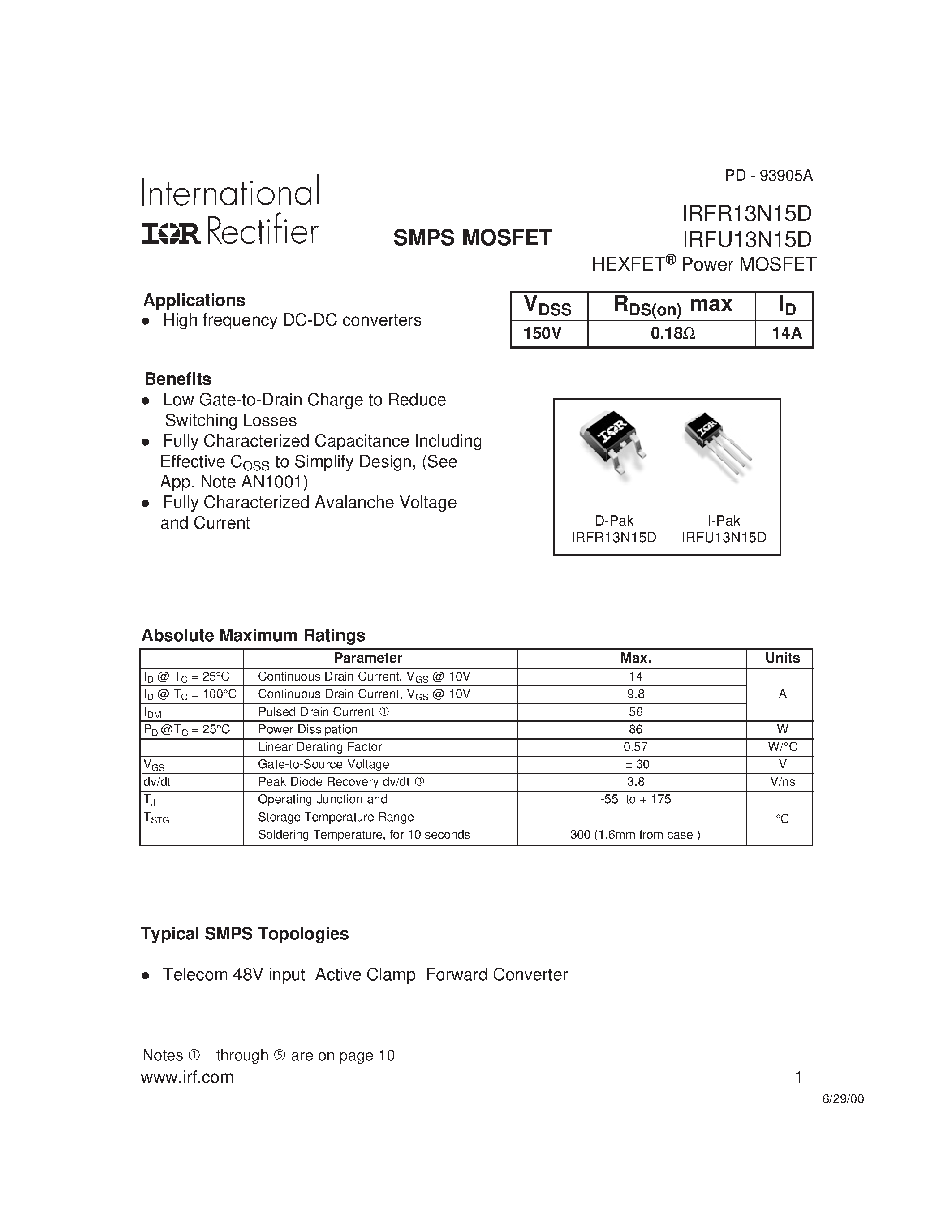 Datasheet IRFR13N15D page 1 Datasheet IRFR13N15D - (IRFR13N15D / IRFU13N15D) Power MOSFET page 1