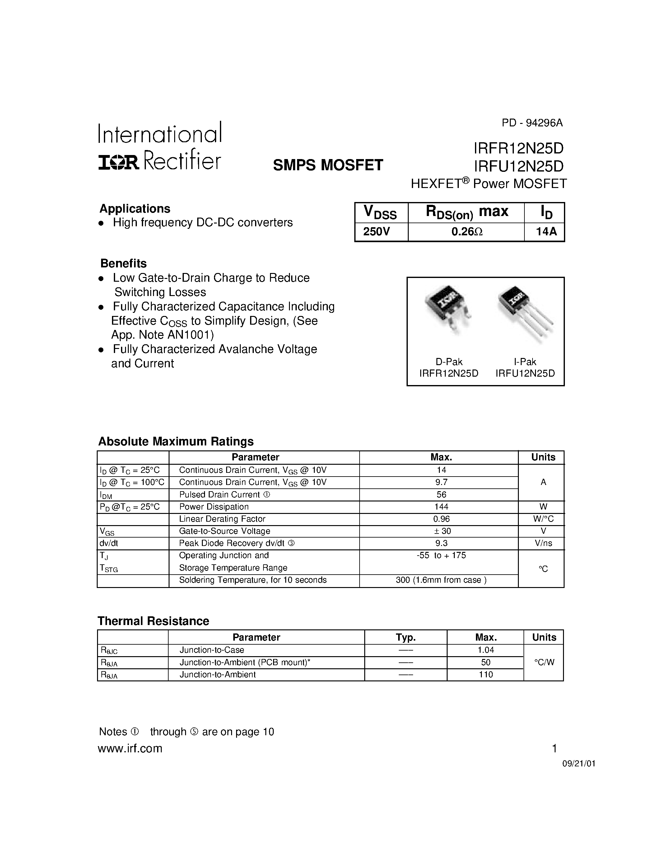 Datasheet IRFR12N25D page 1 Datasheet IRFR12N25D - (IRFR12N25D / IRFU12N25D) SMPS MOSFET page 1
