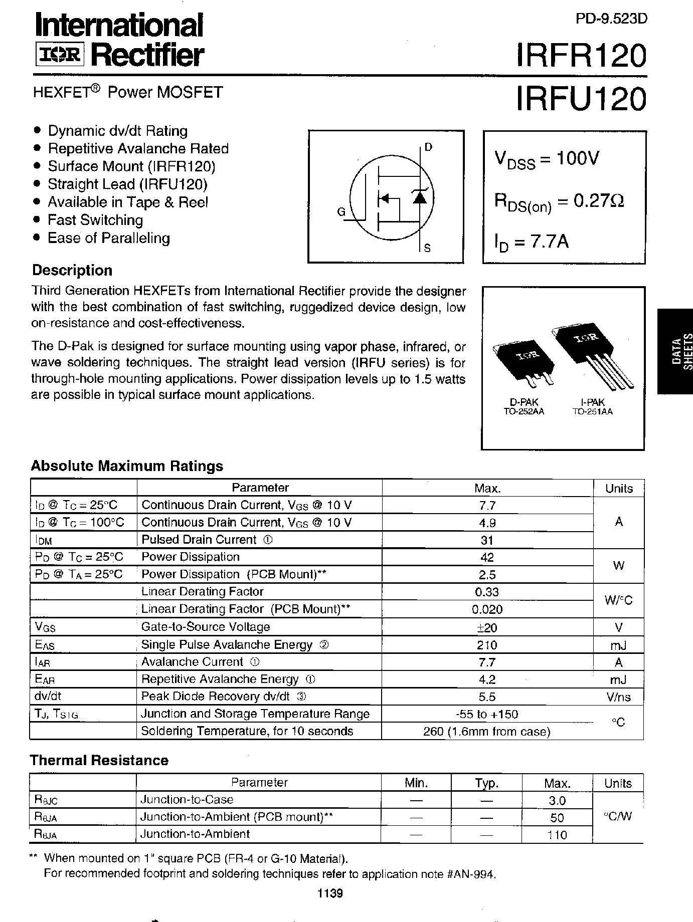 Datasheet IRFR120TR page 1 Datasheet IRFR120TR - (IRFR120TR / IRFU120TR) HEXFET POWER MOSFET page 1