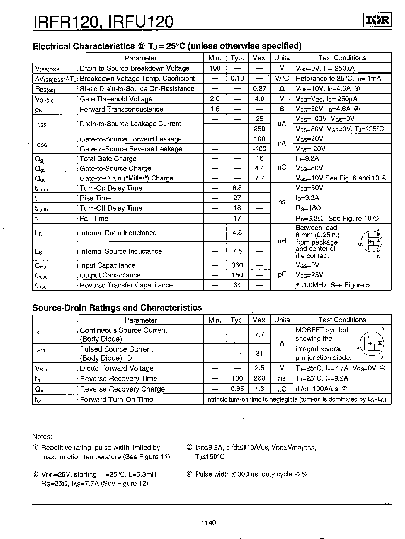 Datasheet IRFR120TR page 2 Datasheet IRFR120TR - (IRFR120TR / IRFU120TR) HEXFET POWER MOSFET page 2