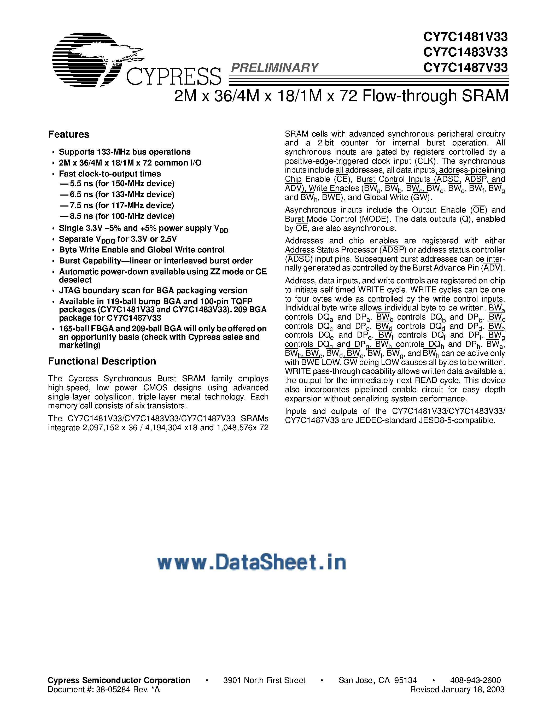 Datasheet CY7C1481V33 - (CY7C1481V33 / CY7C1483V33 / CY7C1487V33) 2M x 36/4M x 18/1M x 72 Flow-Through SRAM page 1