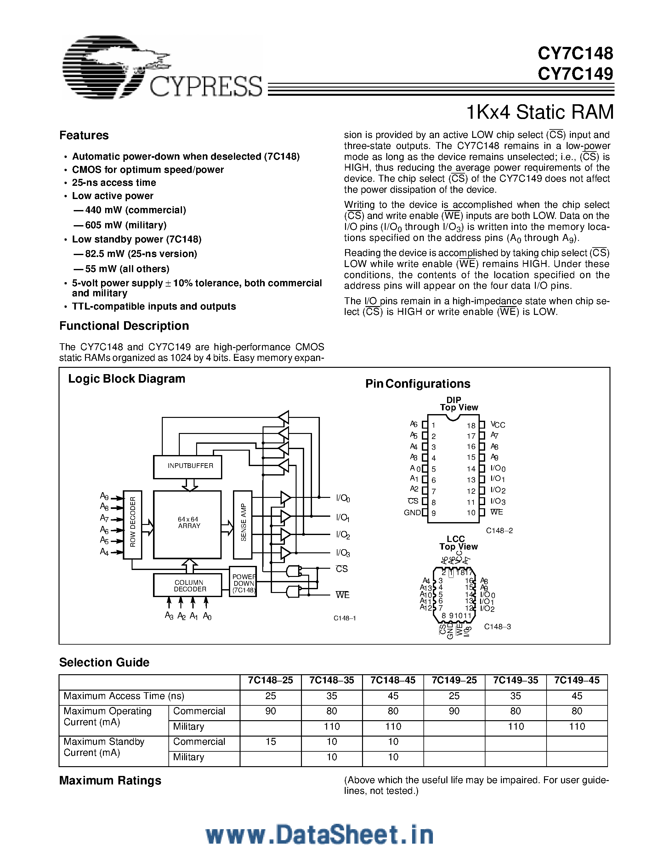 Datasheet CY7C148 page 1 Datasheet CY7C148 - (CY7C148 / CY7C149) 1K x 4 Static RAM page 1