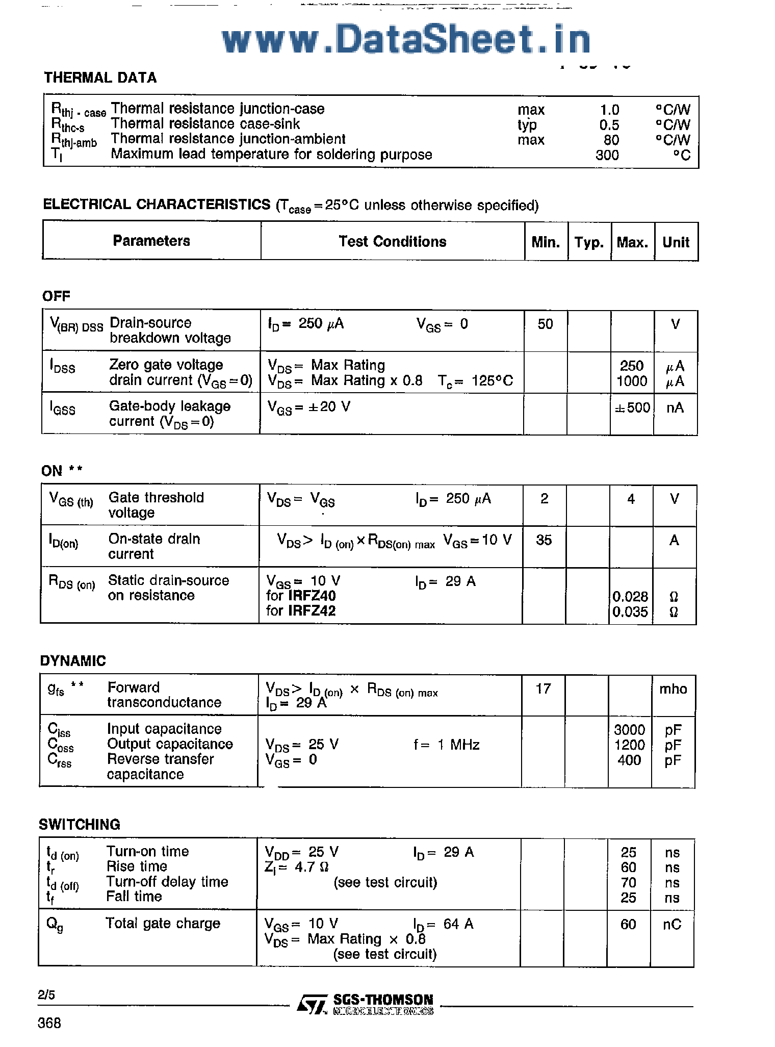 Даташит на микросхему IRFZ40 страница 2 Даташит IRFZ40 - (IRFZ42 / IRFZ40) N-Channel Enhancement Mode Power MOS Transistors страница 2
