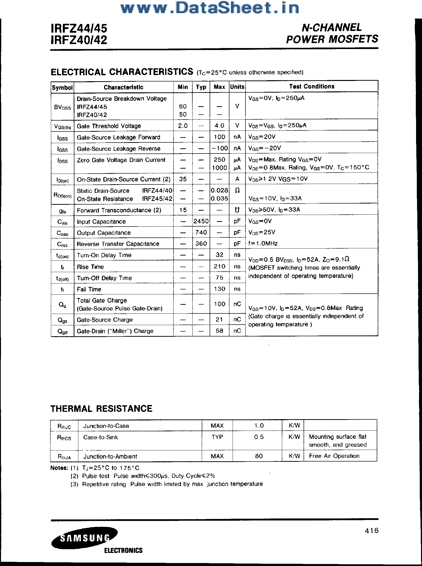 Datasheet IRFZ40 page 2 Datasheet IRFZ40 - (IRFZ40 - IRFZ45) N-Channel Power MOSFETS page 2