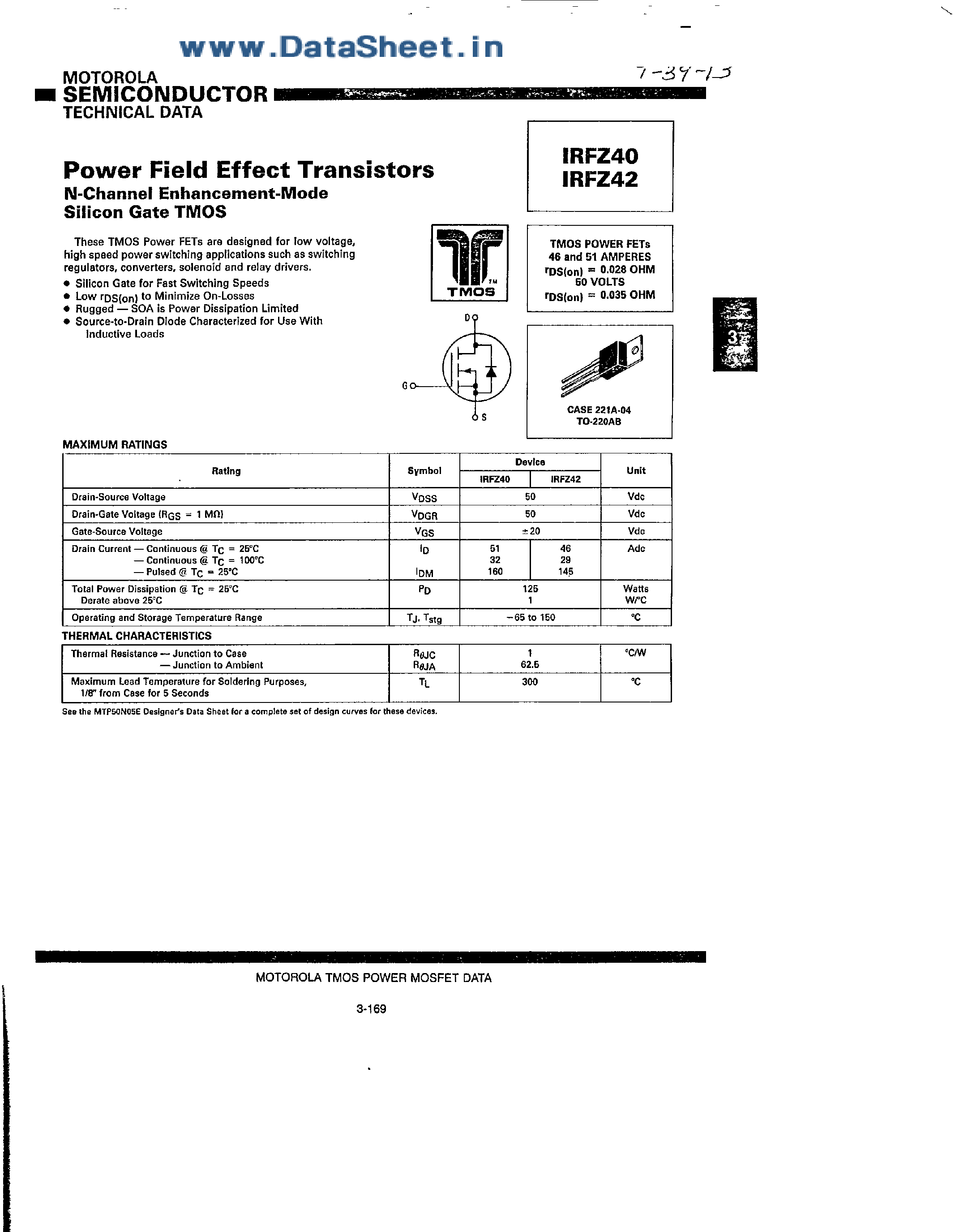 Даташит на микросхему IRFZ40 страница 1 Даташит IRFZ40 - (IRFZ40 / IRFZ42) Power Field Effect Transistors страница 1