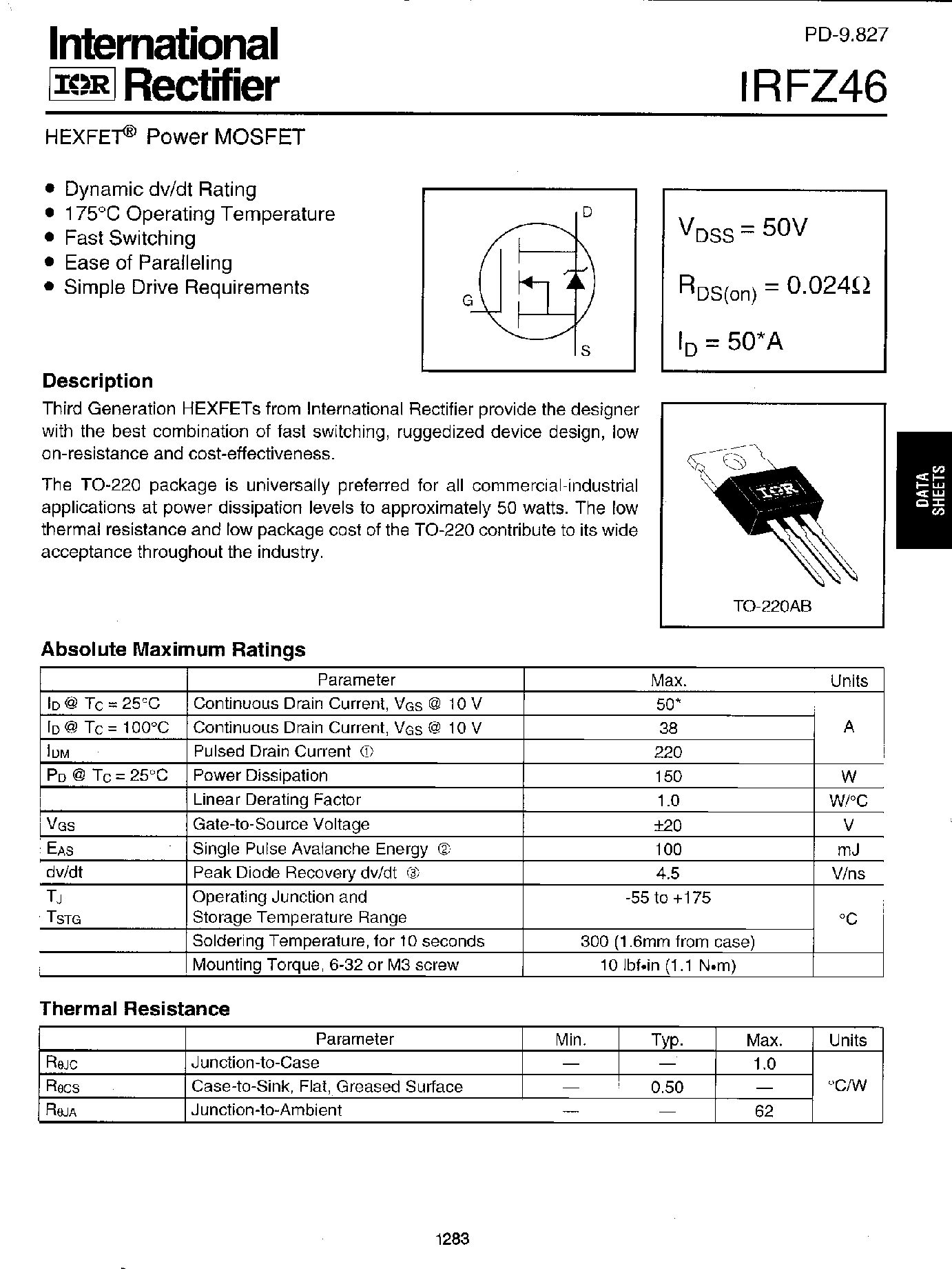 Datasheet IRFZ46 - Power MOSFET page 1