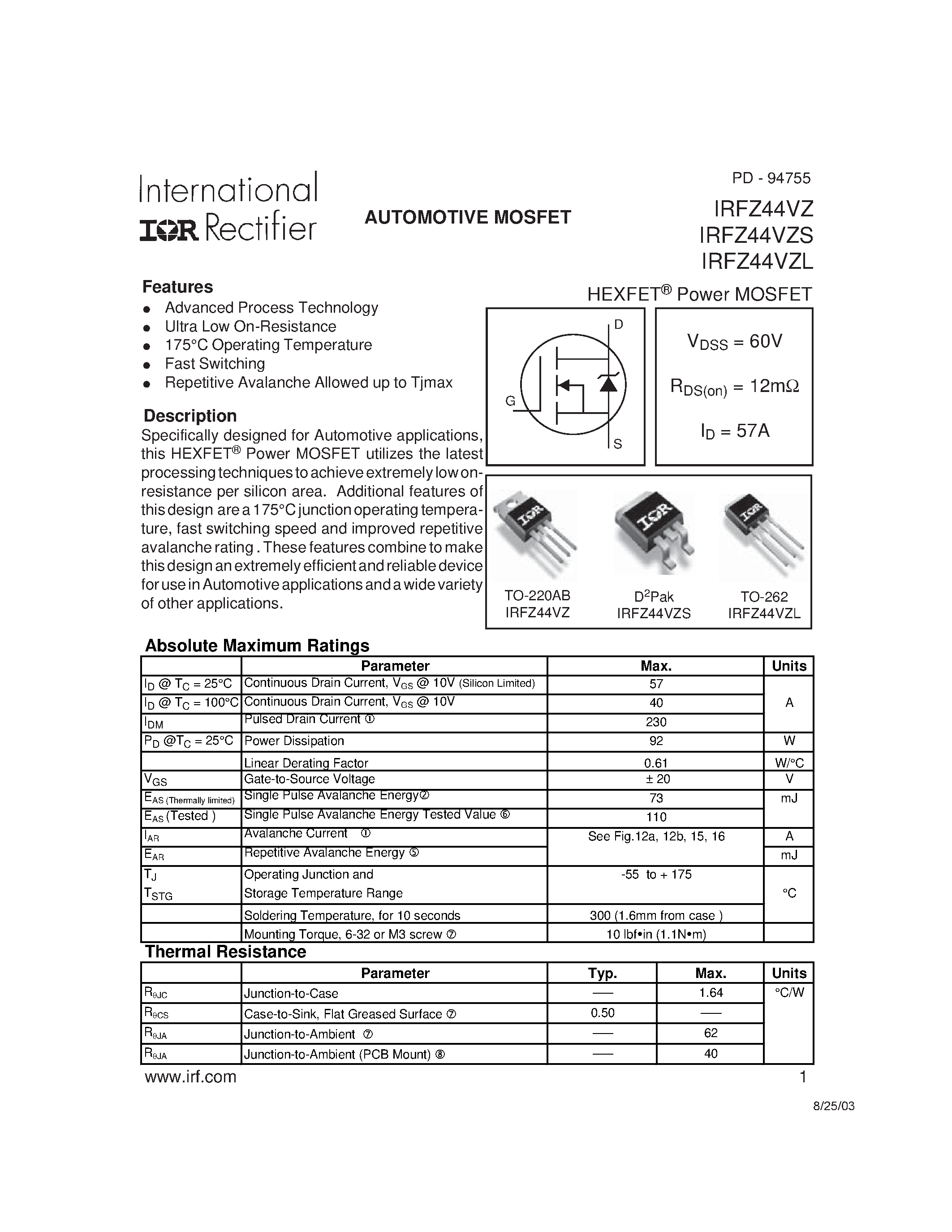 Datasheet IRFZ44VZ - Power MOSFET page 1