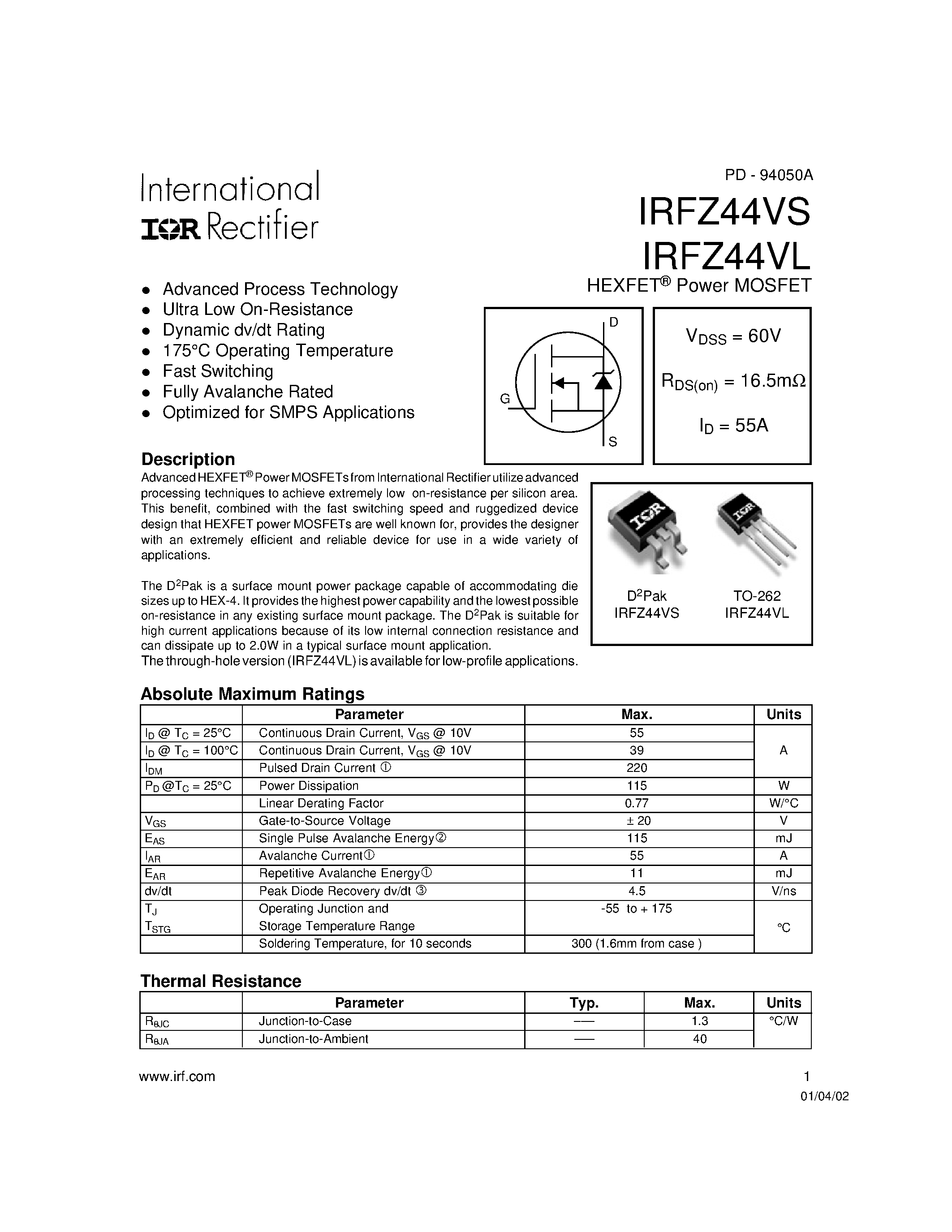 Datasheet IRFZ44VL - (IRFZ44VL / IRFZ44VS) Power MOSFET page 1