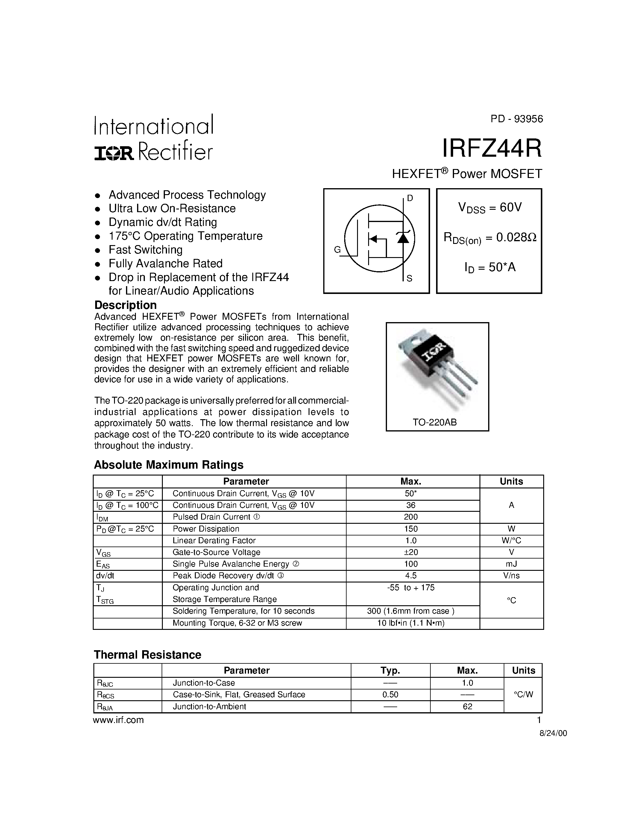 Datasheet IRFZ44R - Power MOSFET page 1