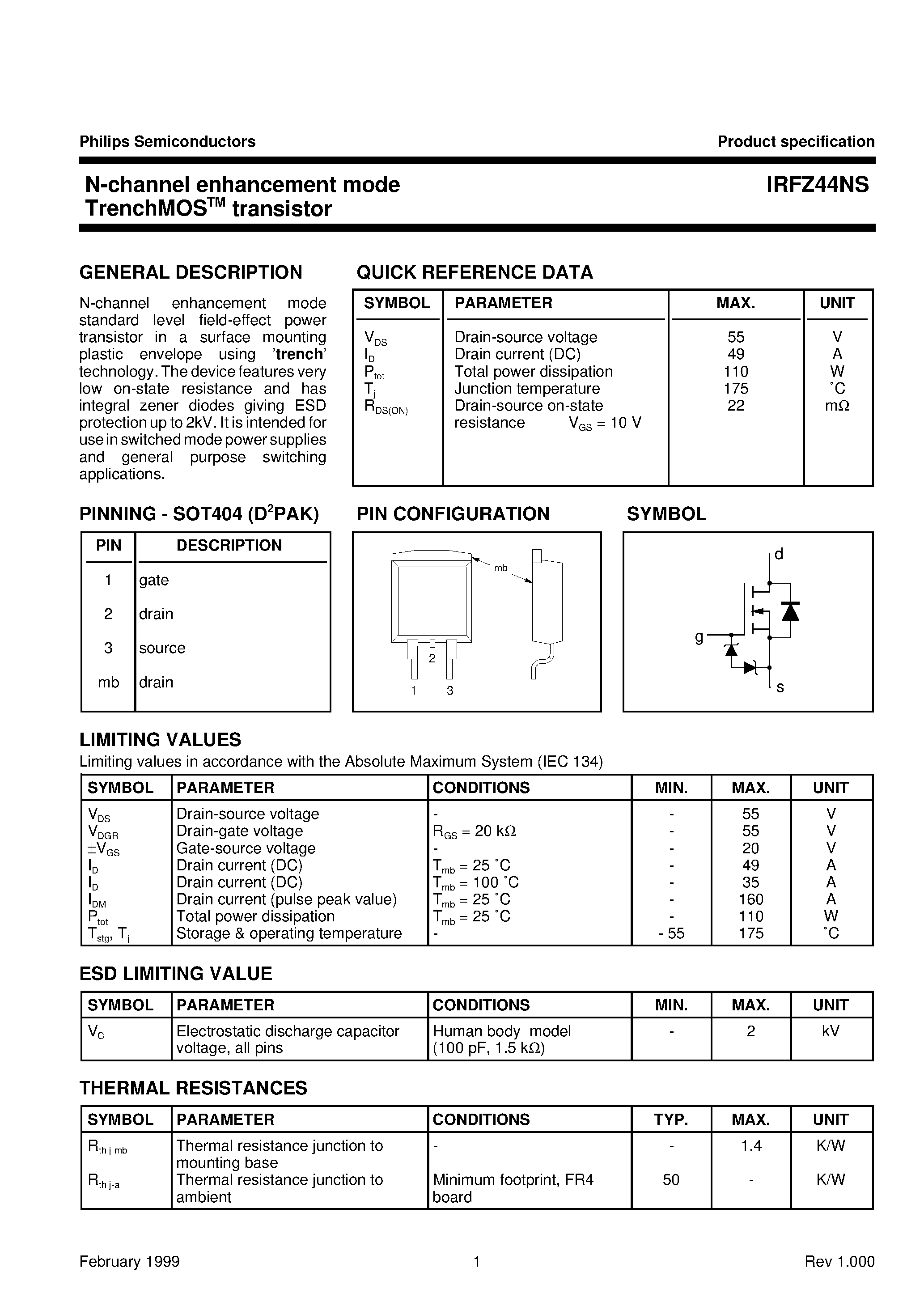 Datasheet IRFZ44NS page 1 Datasheet IRFZ44NS - N-channel enhancement mode TrenchMOS transistor page 1