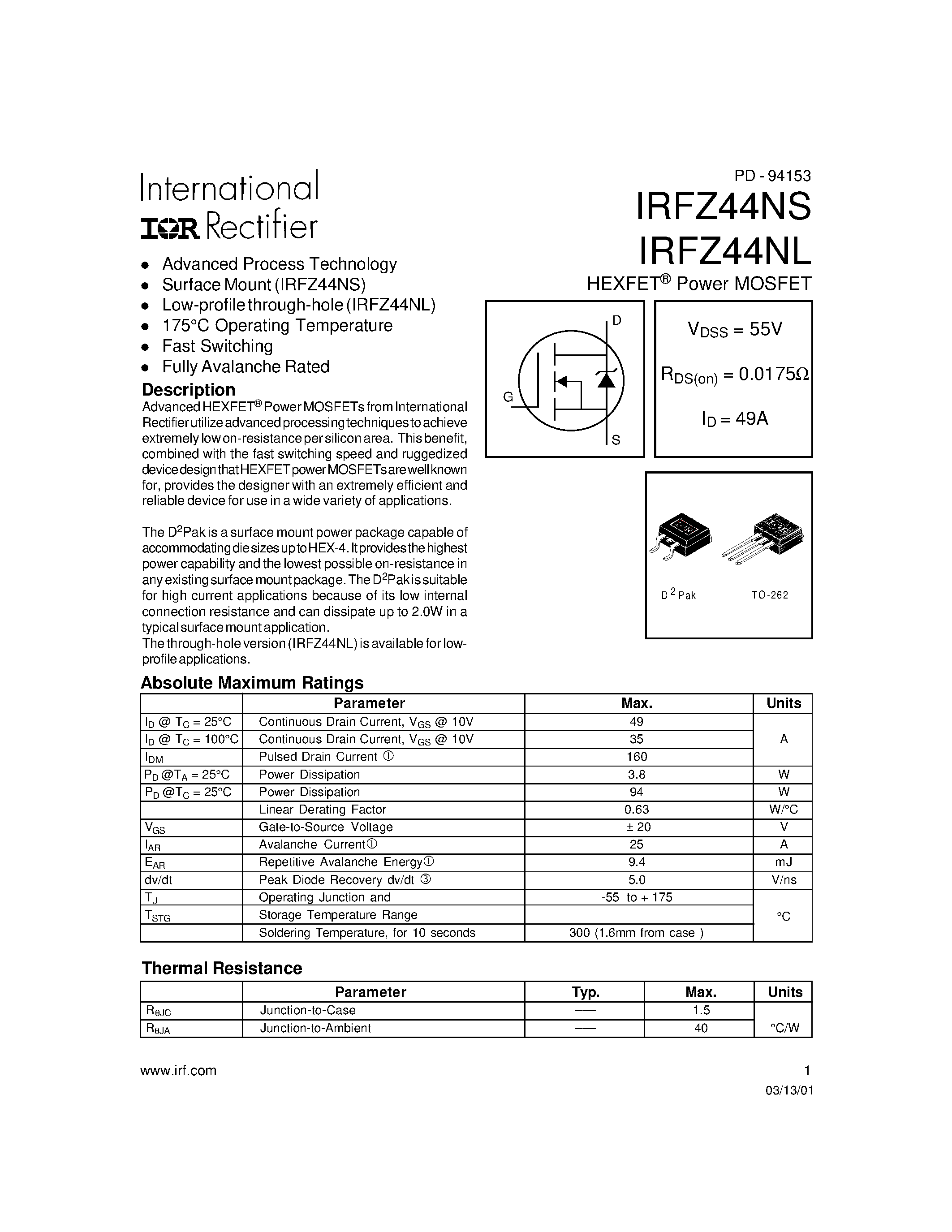 Datasheet IRFZ44NL page 1 Datasheet IRFZ44NL - (IRFZ44NL / IRFZ44NS) Power MOSFET page 1