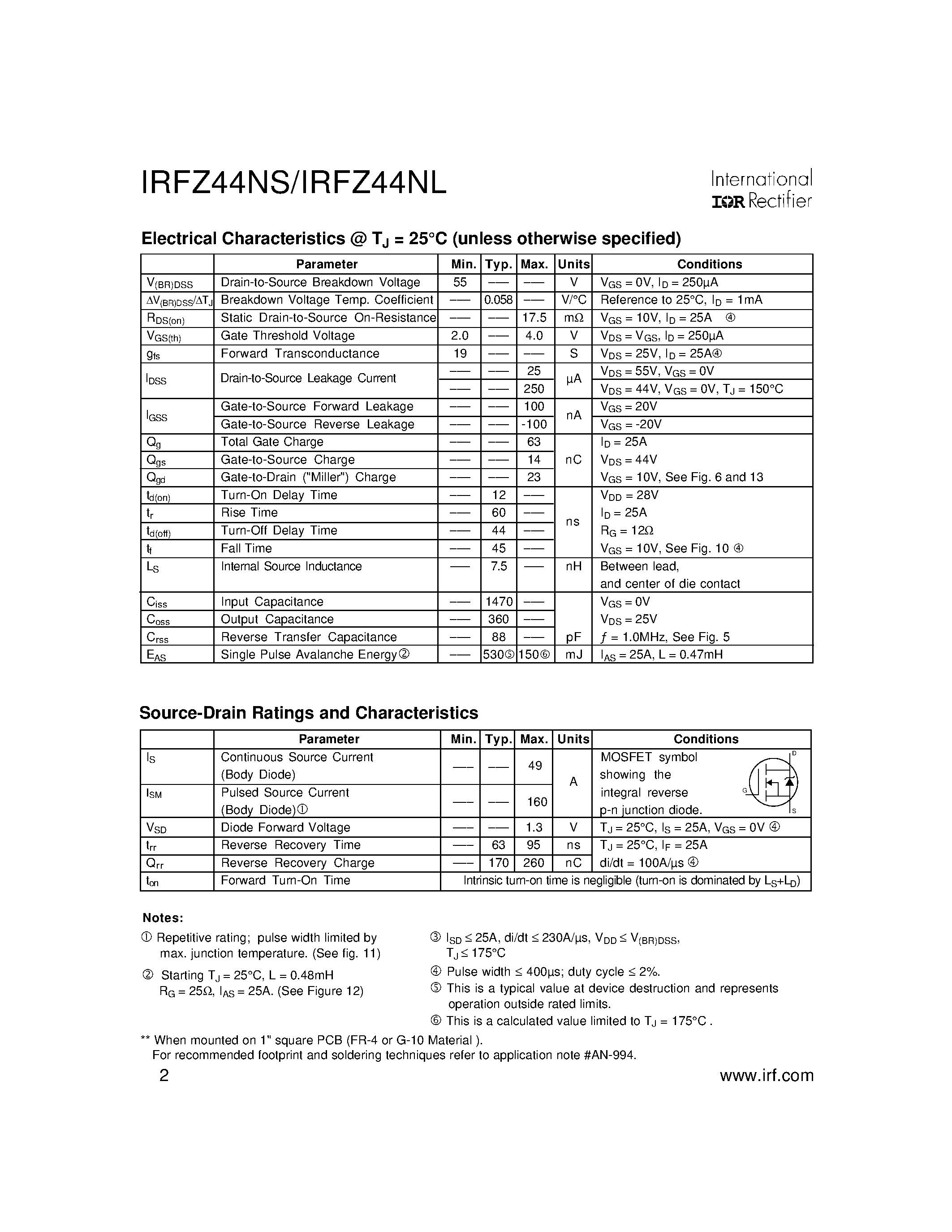 Datasheet IRFZ44NL page 2 Datasheet IRFZ44NL - (IRFZ44NL / IRFZ44NS) Power MOSFET page 2