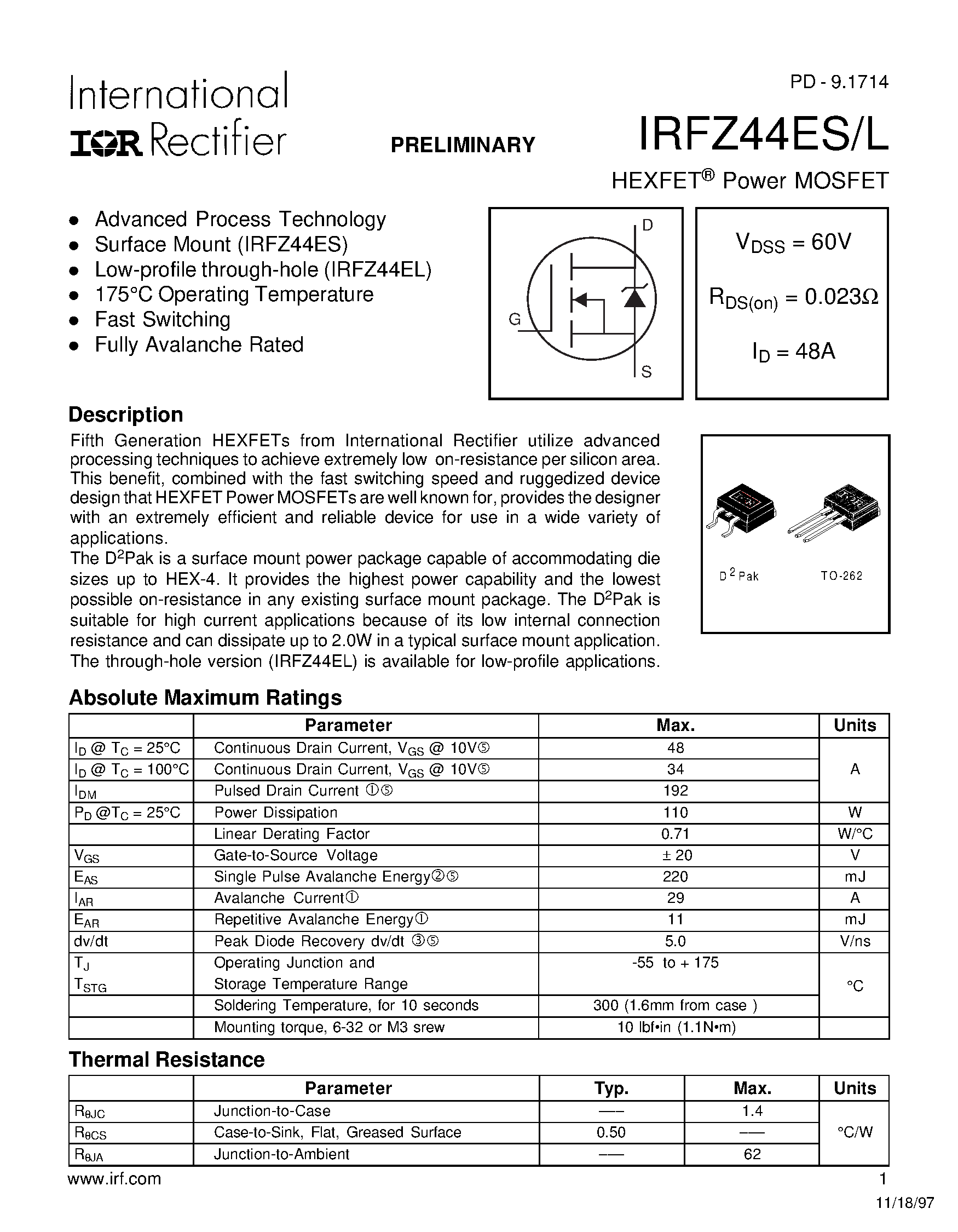 Datasheet IRFZ44ES page 1 Datasheet IRFZ44ES - (IRFZ44ES / IRFZ44L) Power MOSFET page 1