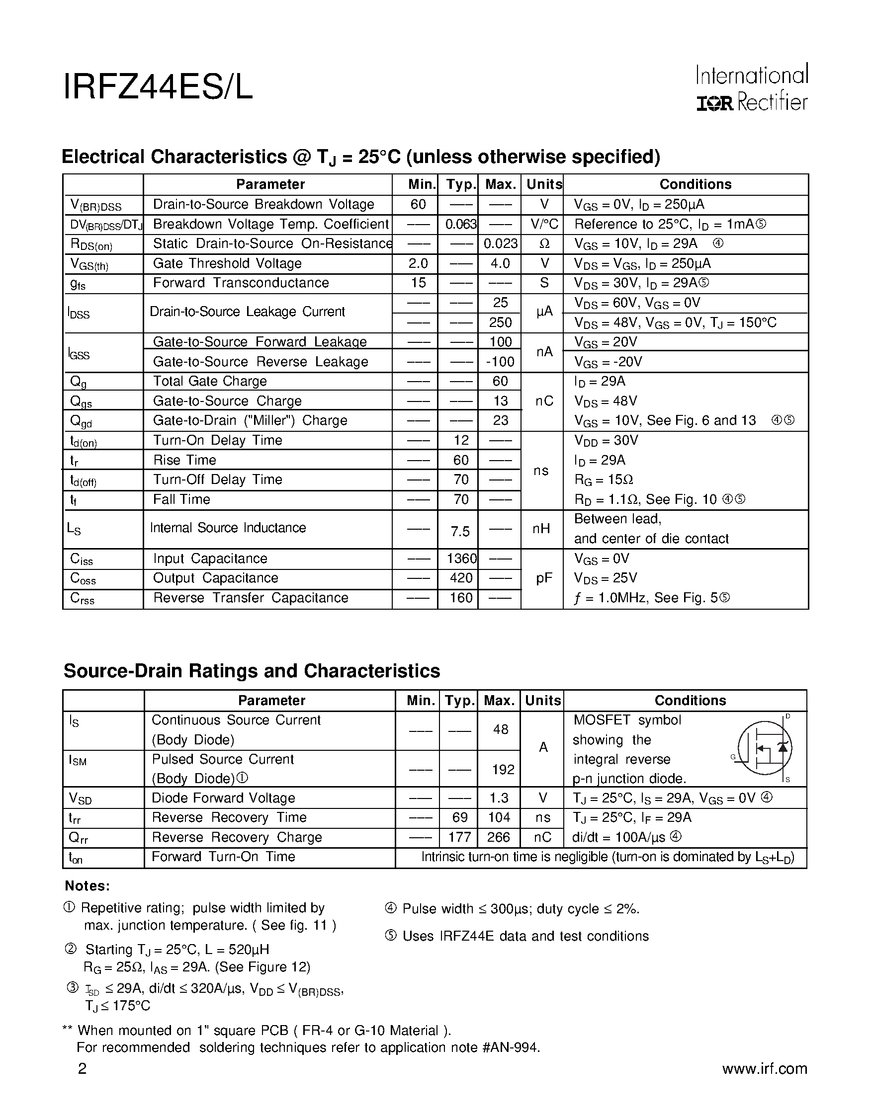 Datasheet IRFZ44ES page 2 Datasheet IRFZ44ES - (IRFZ44ES / IRFZ44L) Power MOSFET page 2