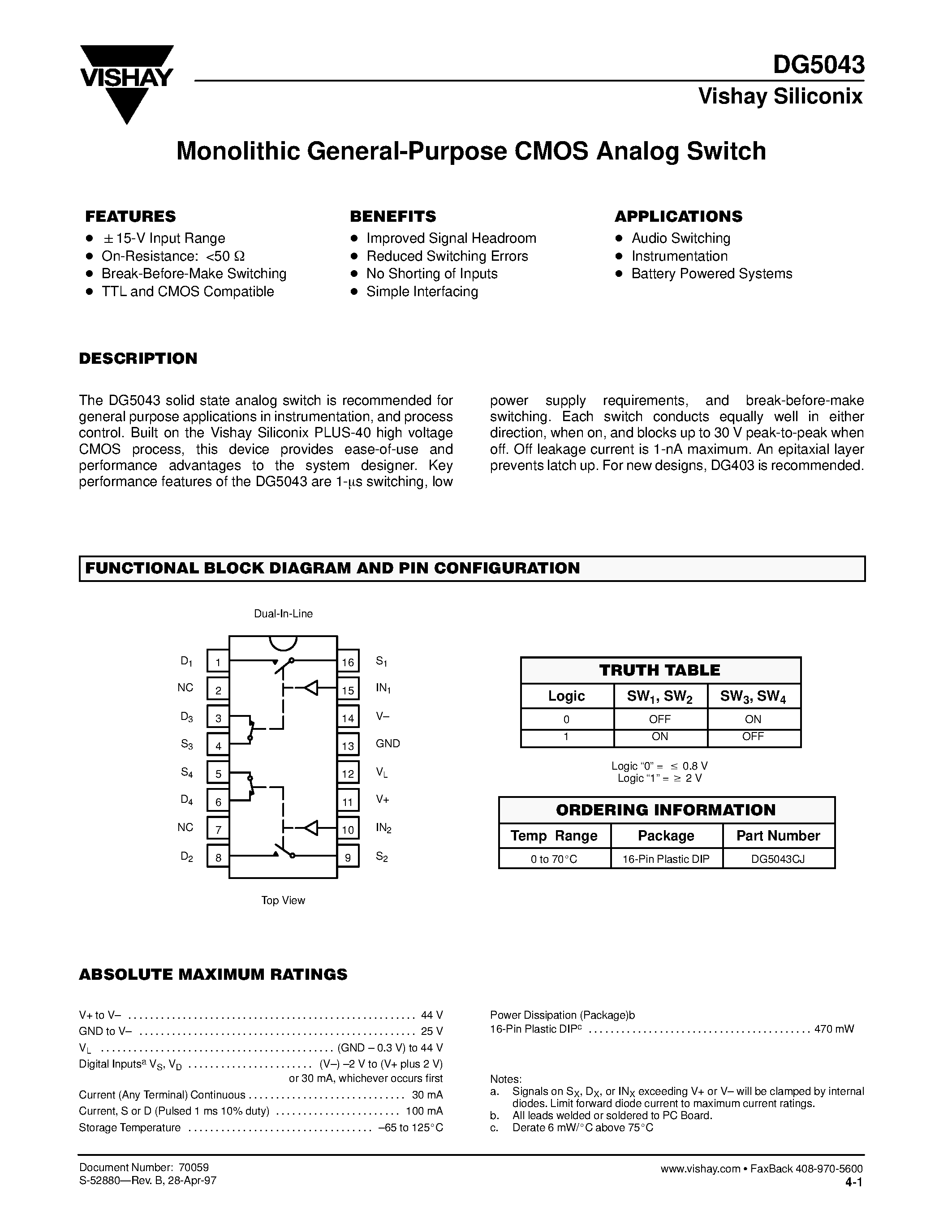 Даташит DG5043 - Monolithic General Purpose CMOS Analog Switch страница 1