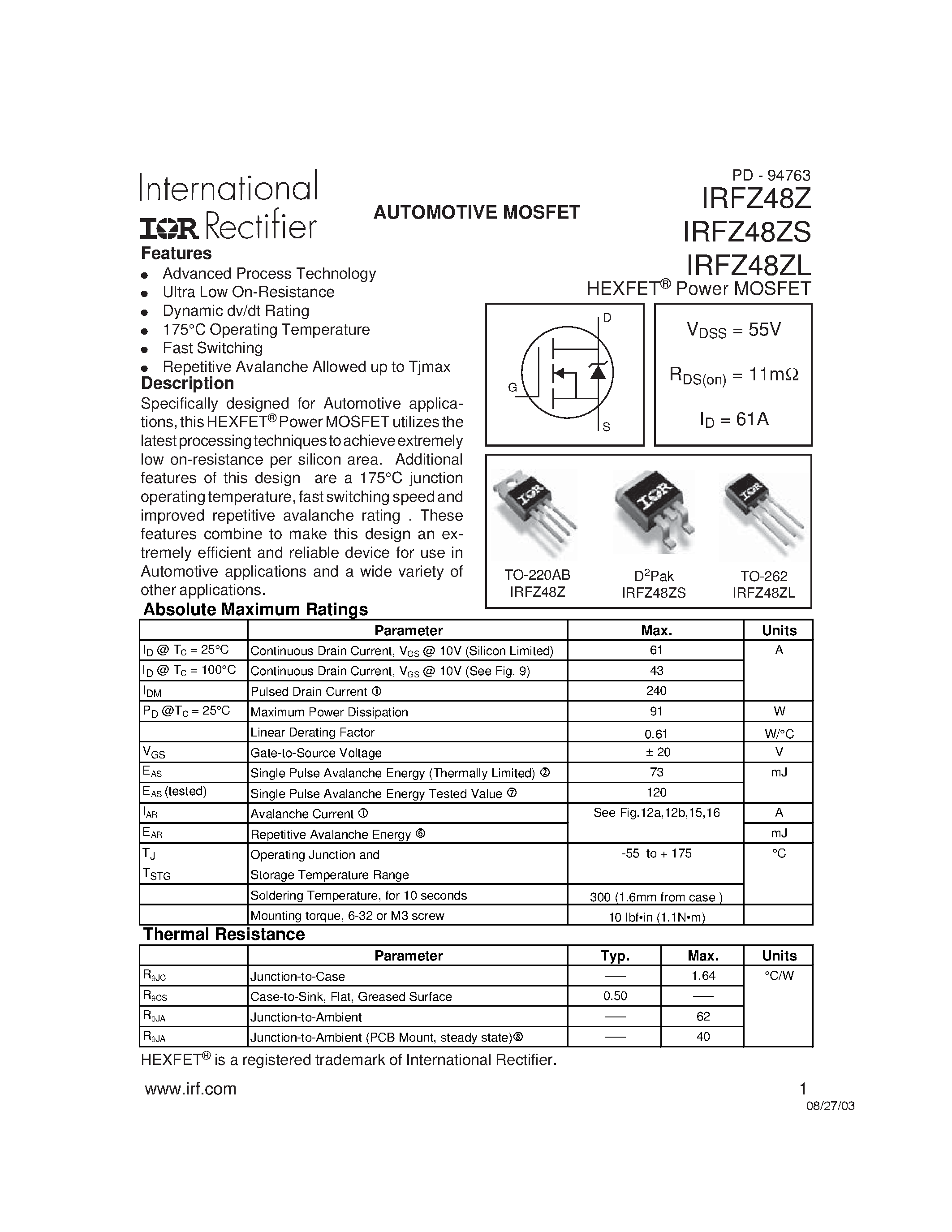 Datasheet IRFZ48Z - AUTOMOTIVE MOSFET page 1
