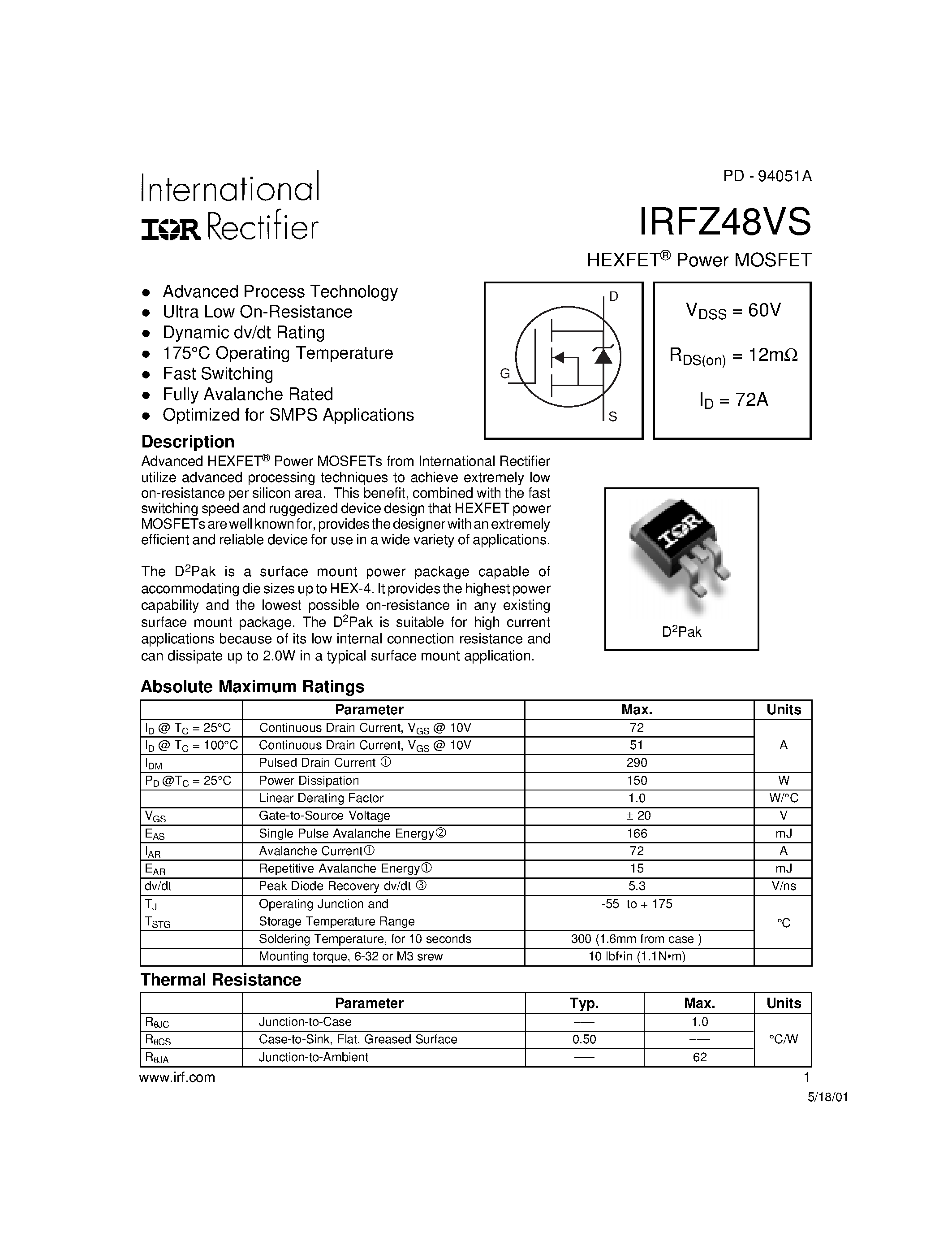 Datasheet IRFZ48VS - Power MOSFET page 1