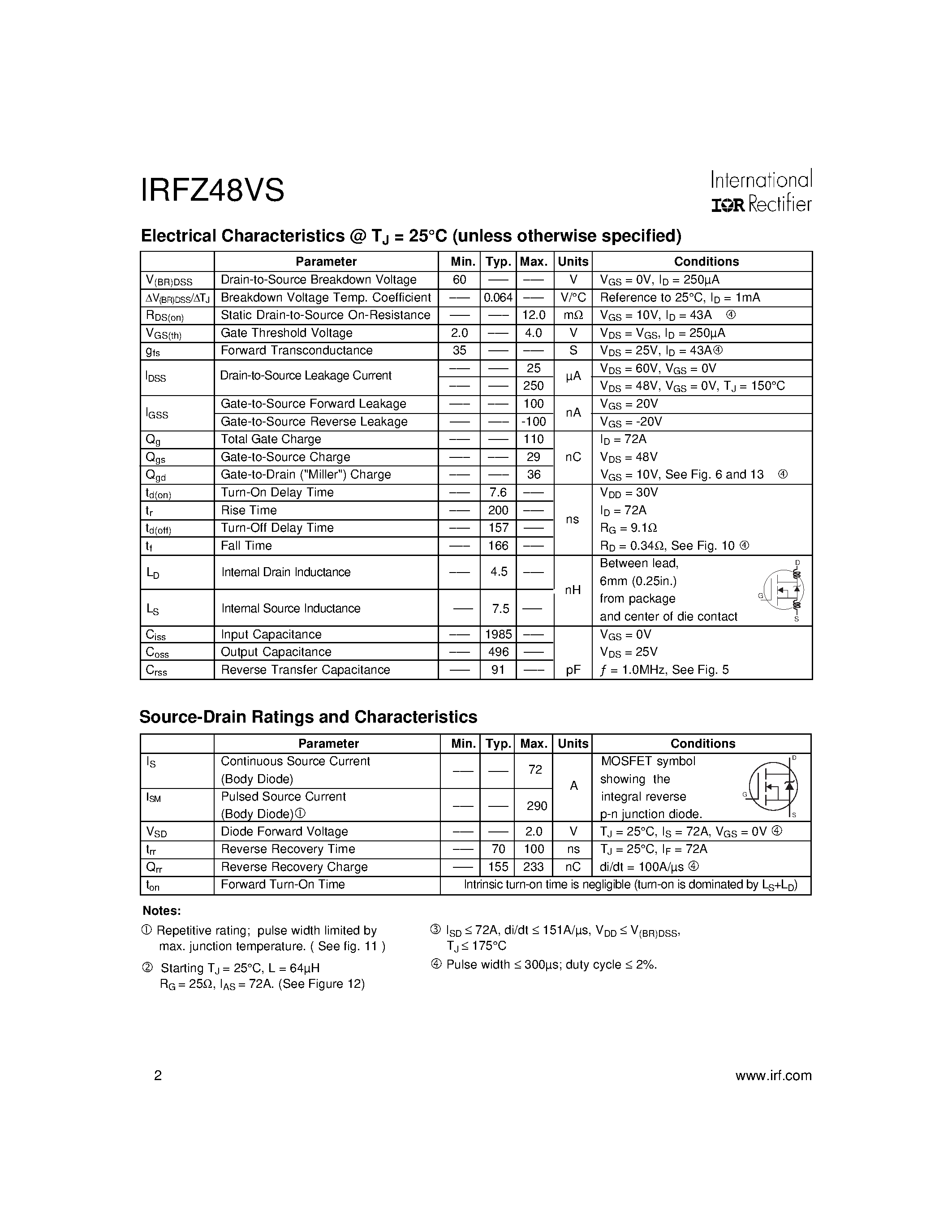 Datasheet IRFZ48VS - Power MOSFET page 2