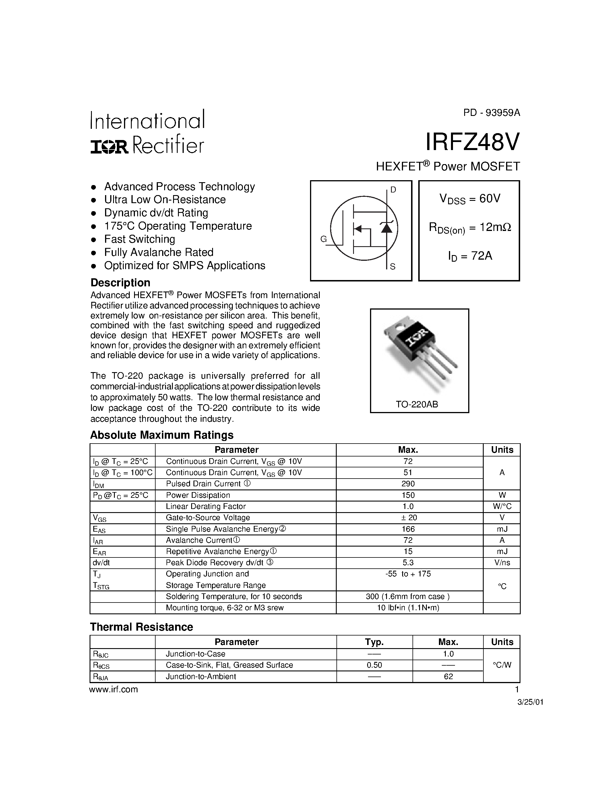 Datasheet IRFZ48V - Power MOSFET page 1
