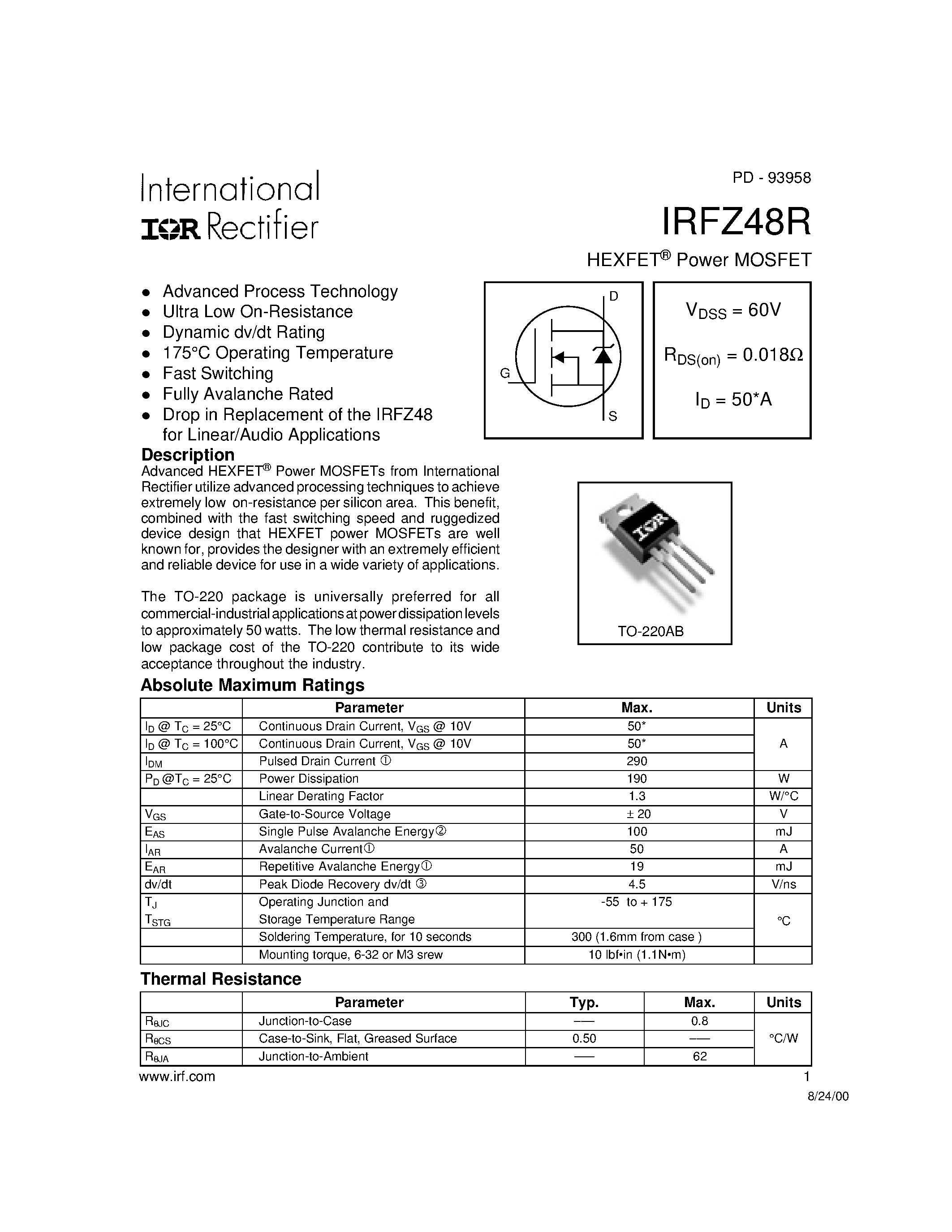 Datasheet IRFZ48R - Power MOSFET page 1