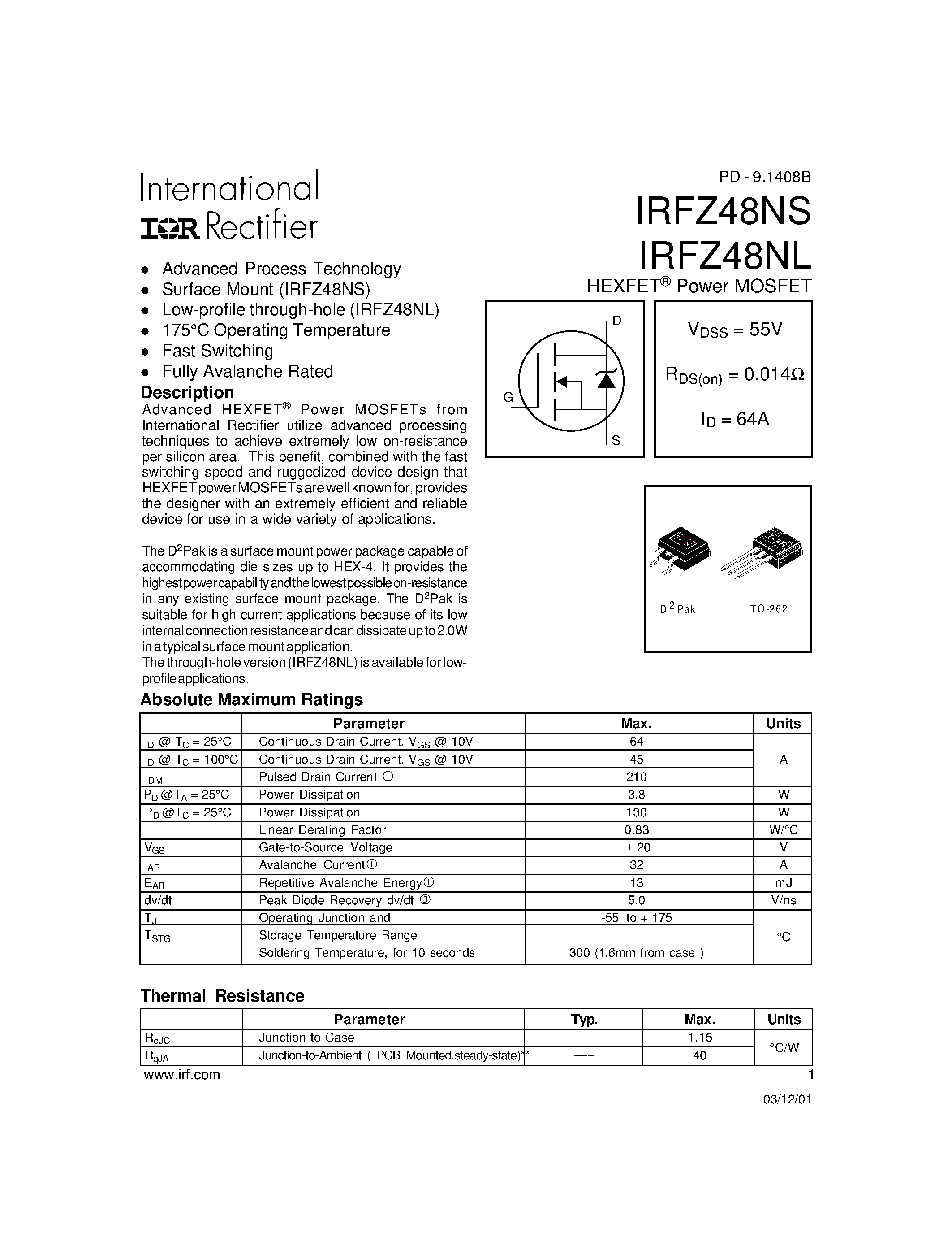 Datasheet IRFZ48NL - (IRFZ48NL / IRFZ48NS) Advanced Process Technology page 1