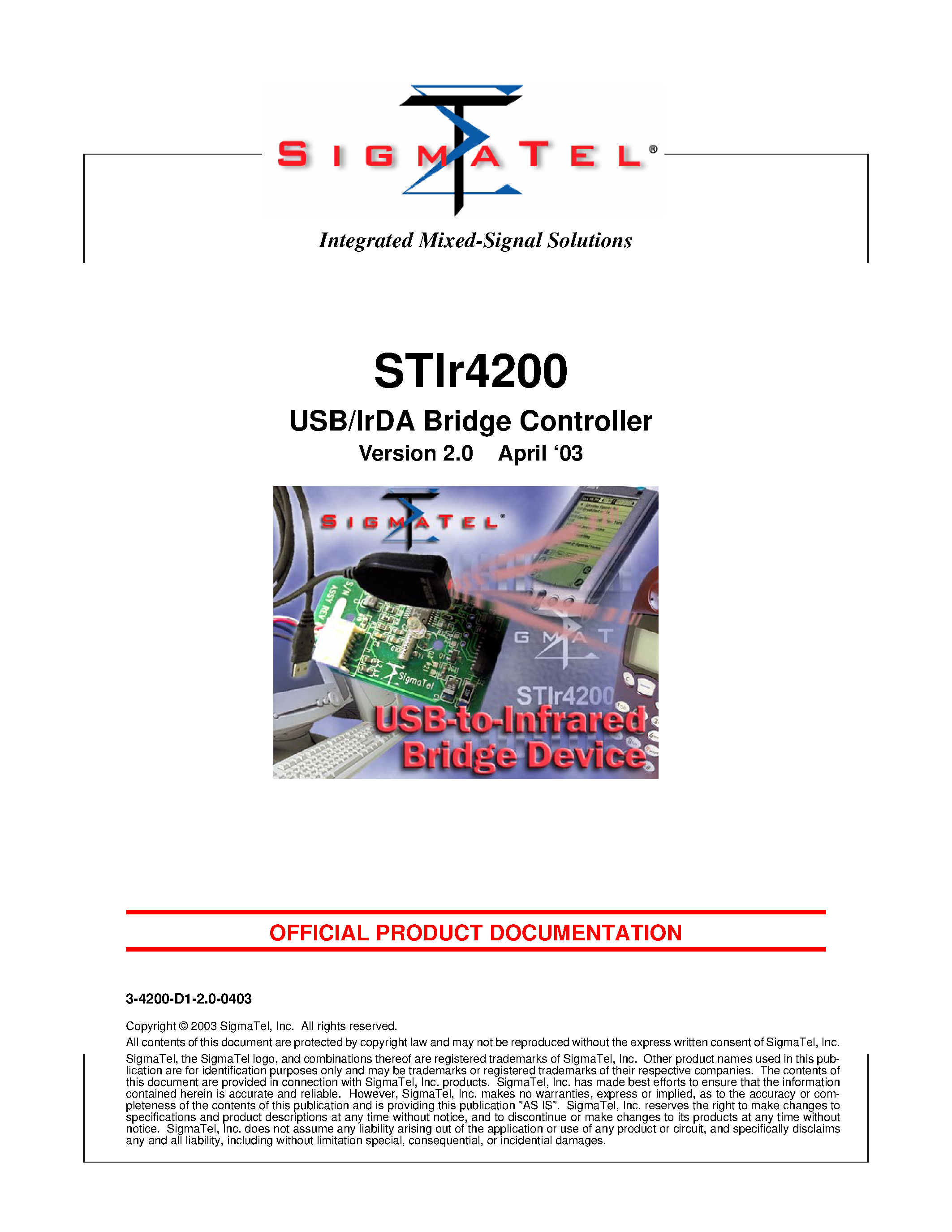 Даташит STIR4200 - USB / IrDA Bridge Controller страница 1