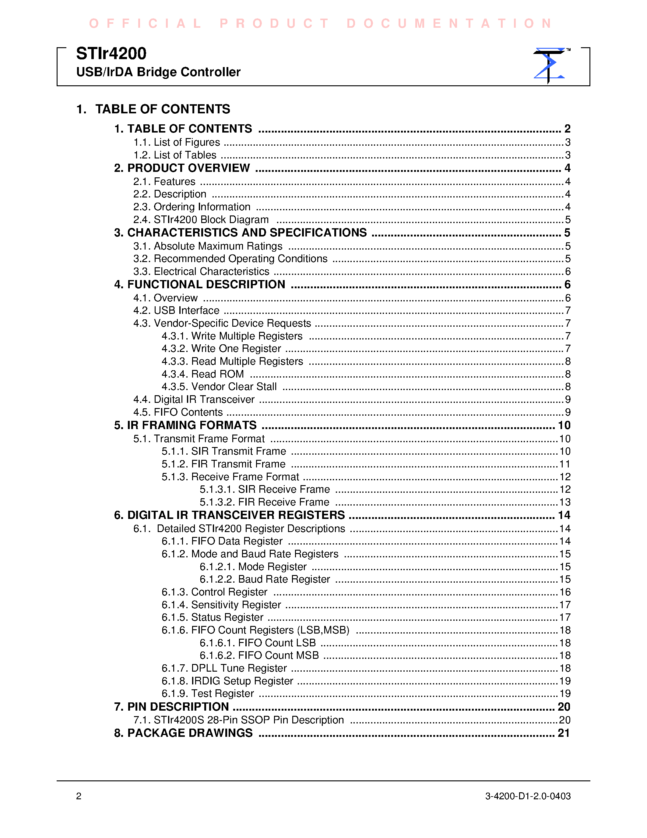 Даташит STIR4200 - USB / IrDA Bridge Controller страница 2