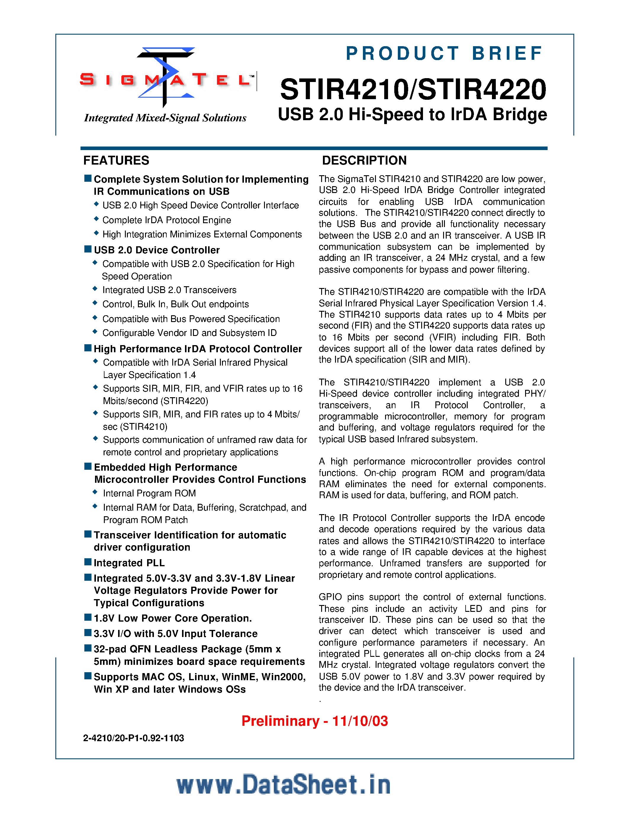 Datasheet STIR4210 - (STIR4210 / STIR4220) USB 2.0 Hi-Speed to IrDA Bridge page 1