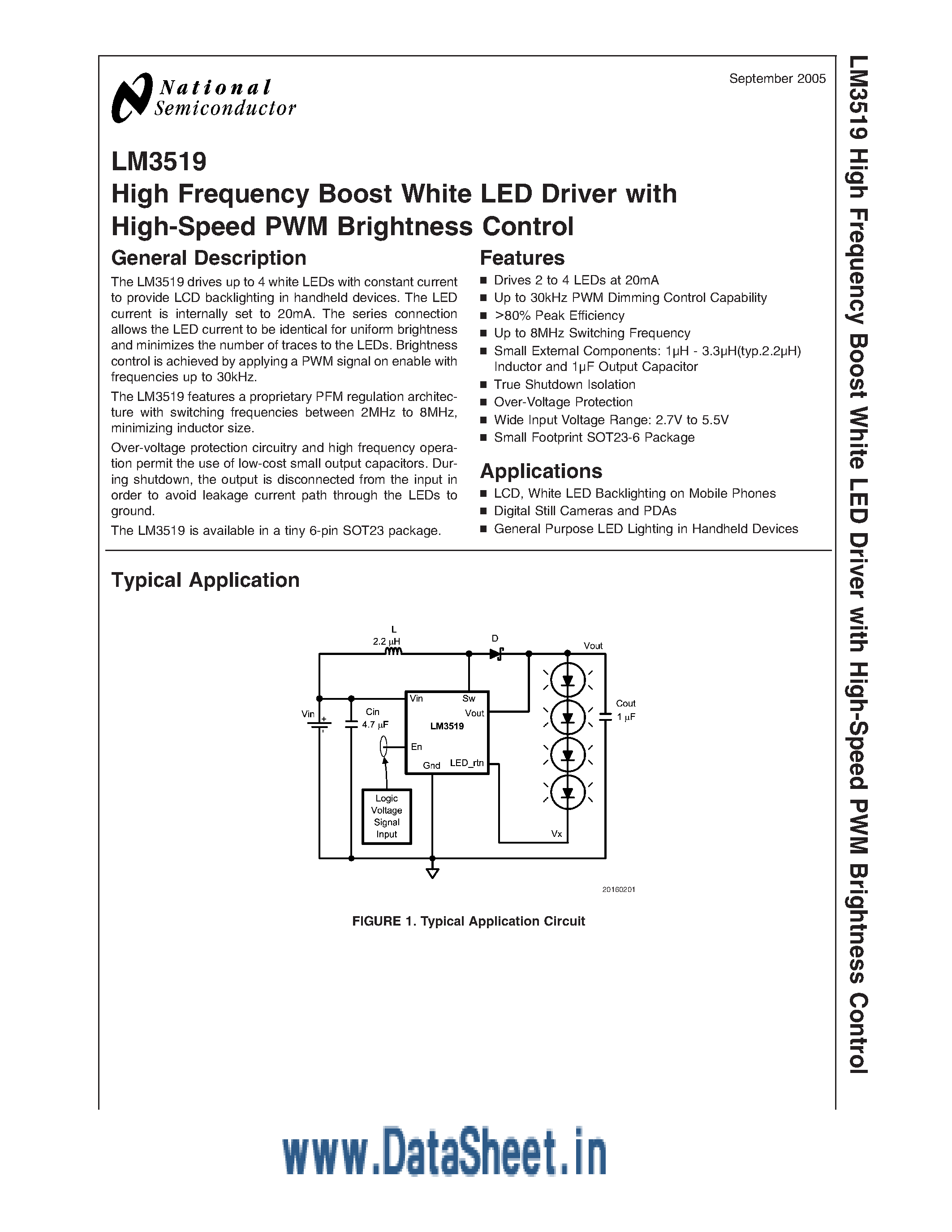 Datasheet LM3519 - High Frequency Boost White LED Driver page 1