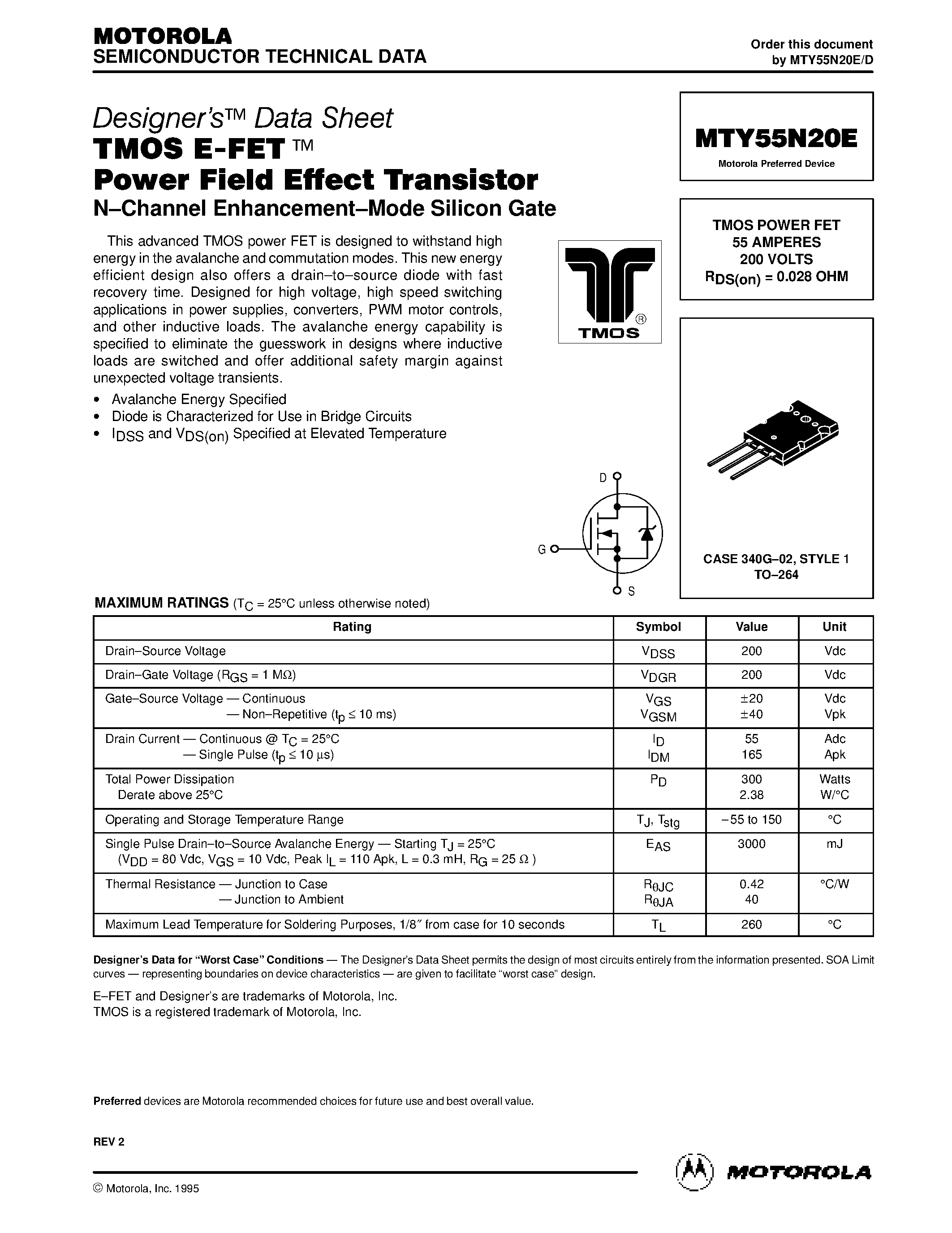 Datasheet MTY55N20E - TMOS POWER FET 55 AMPERES 200 VOLTS RDS(on) = 0.028 OHM page 1
