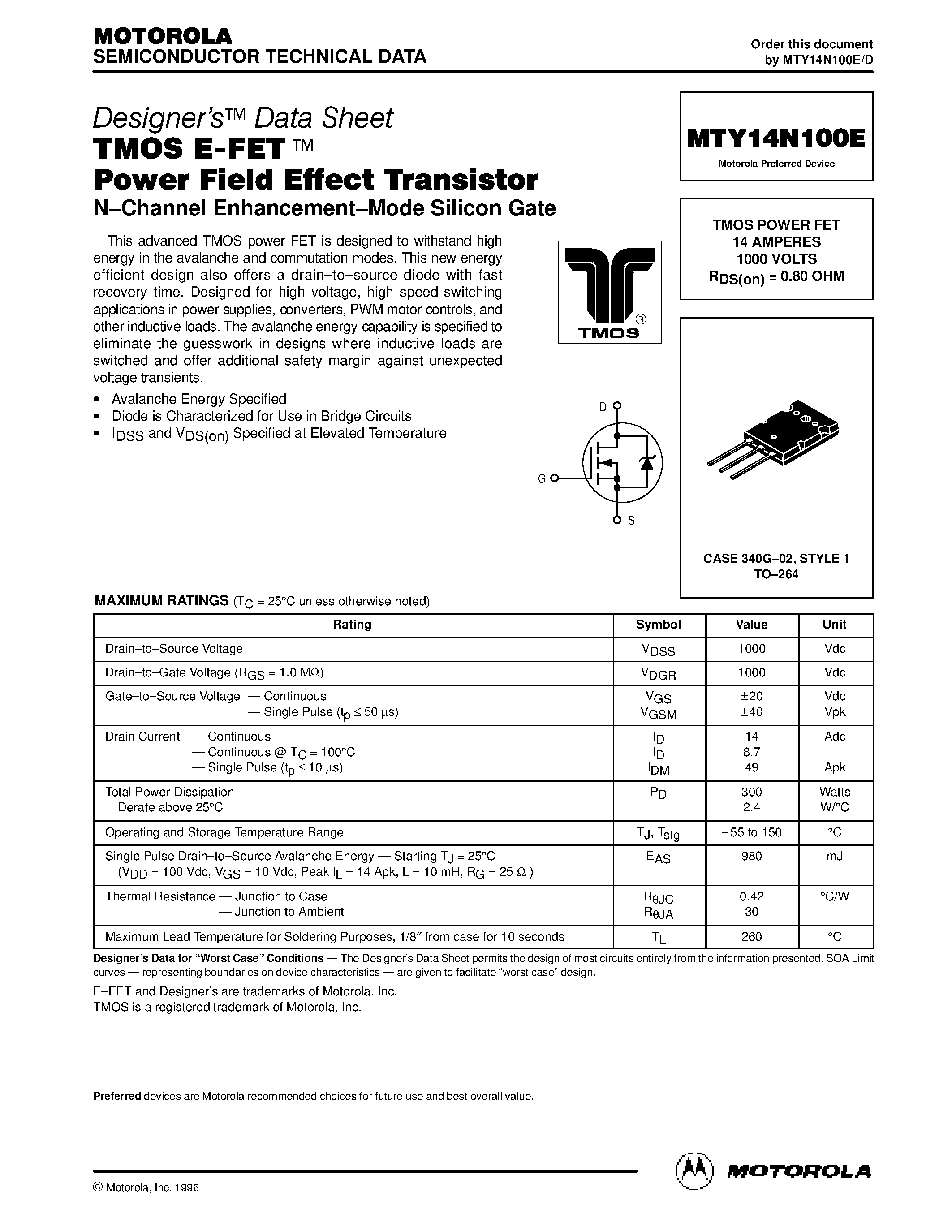Datasheet MTY14N100E - TMOS POWER FET 14 AMPERES 1000 VOLTS RDS(on) = 0.80 OHM page 1
