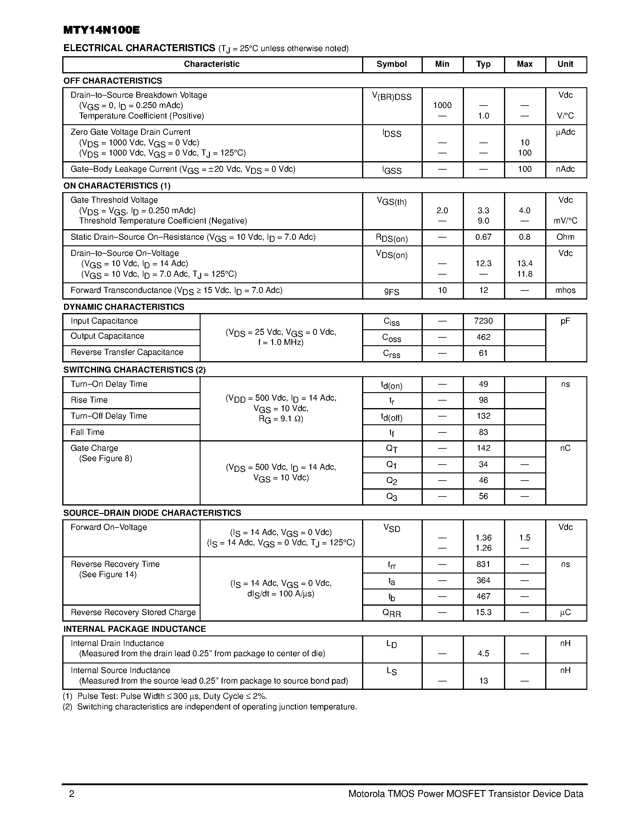 Datasheet MTY14N100E - TMOS POWER FET 14 AMPERES 1000 VOLTS RDS(on) = 0.80 OHM page 2