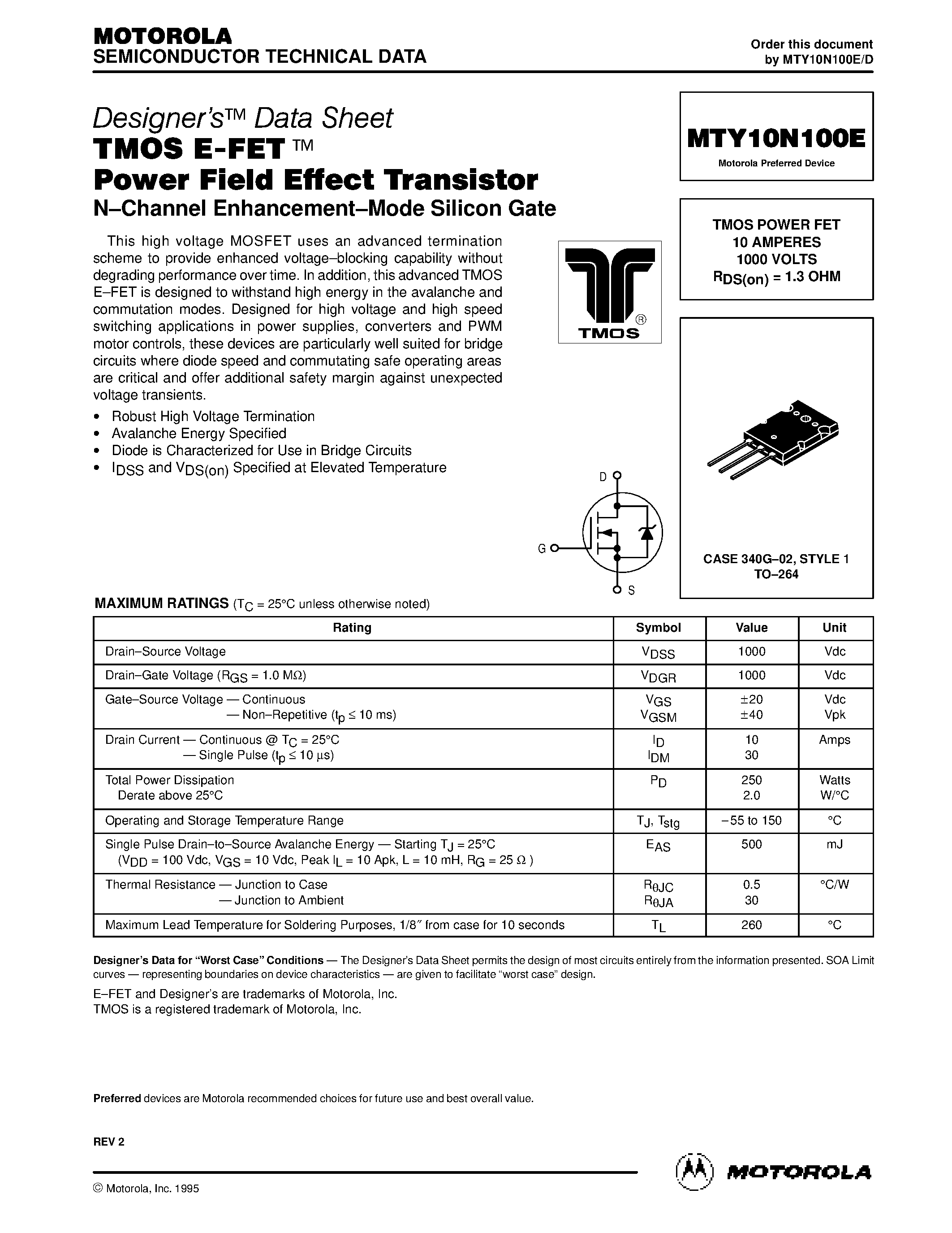 Datasheet MTY10N100E - TMOS POWER FET 10 AMPERES 1000 VOLTS RDS(on) = 1.3 OHM page 1