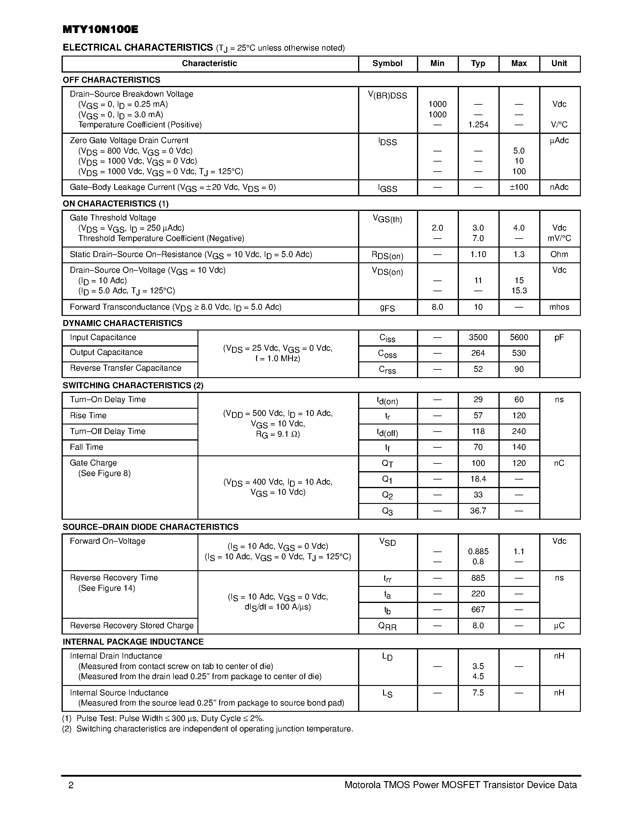 Datasheet MTY10N100E - TMOS POWER FET 10 AMPERES 1000 VOLTS RDS(on) = 1.3 OHM page 2