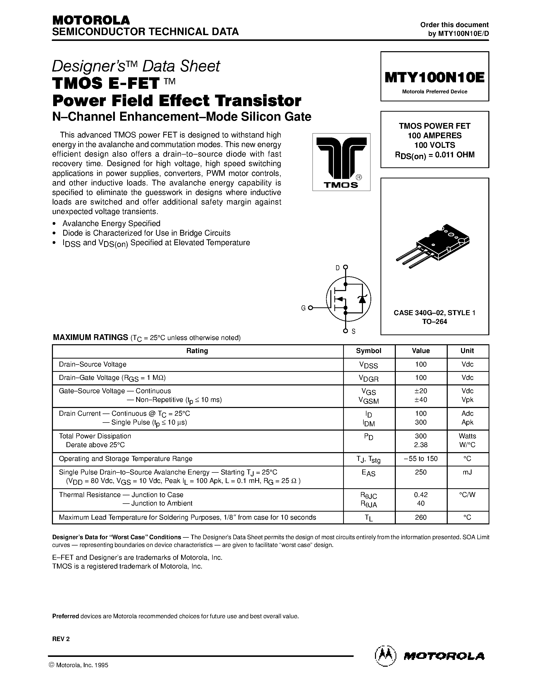 Datasheet MTY100N10E - TMOS POWER FET 100 AMPERES 100 VOLTS RDS(on) = 0.011 OHM page 1
