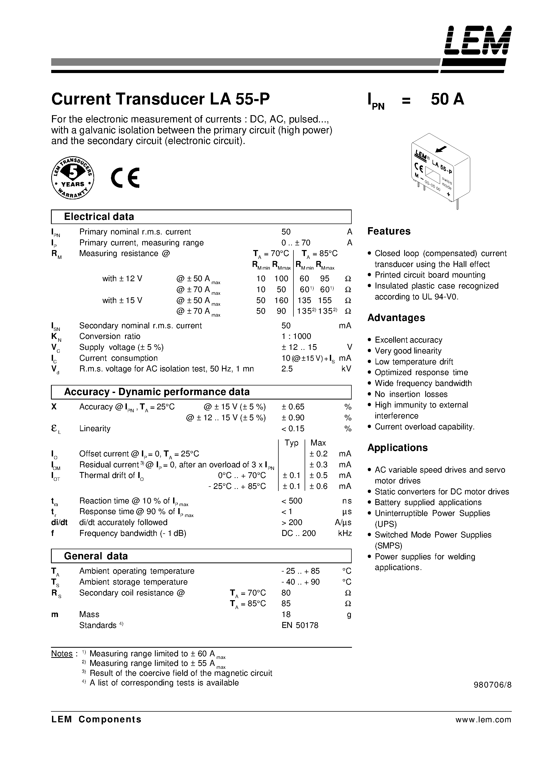 Даташит LA55P - Current Transducer 50a страница 1