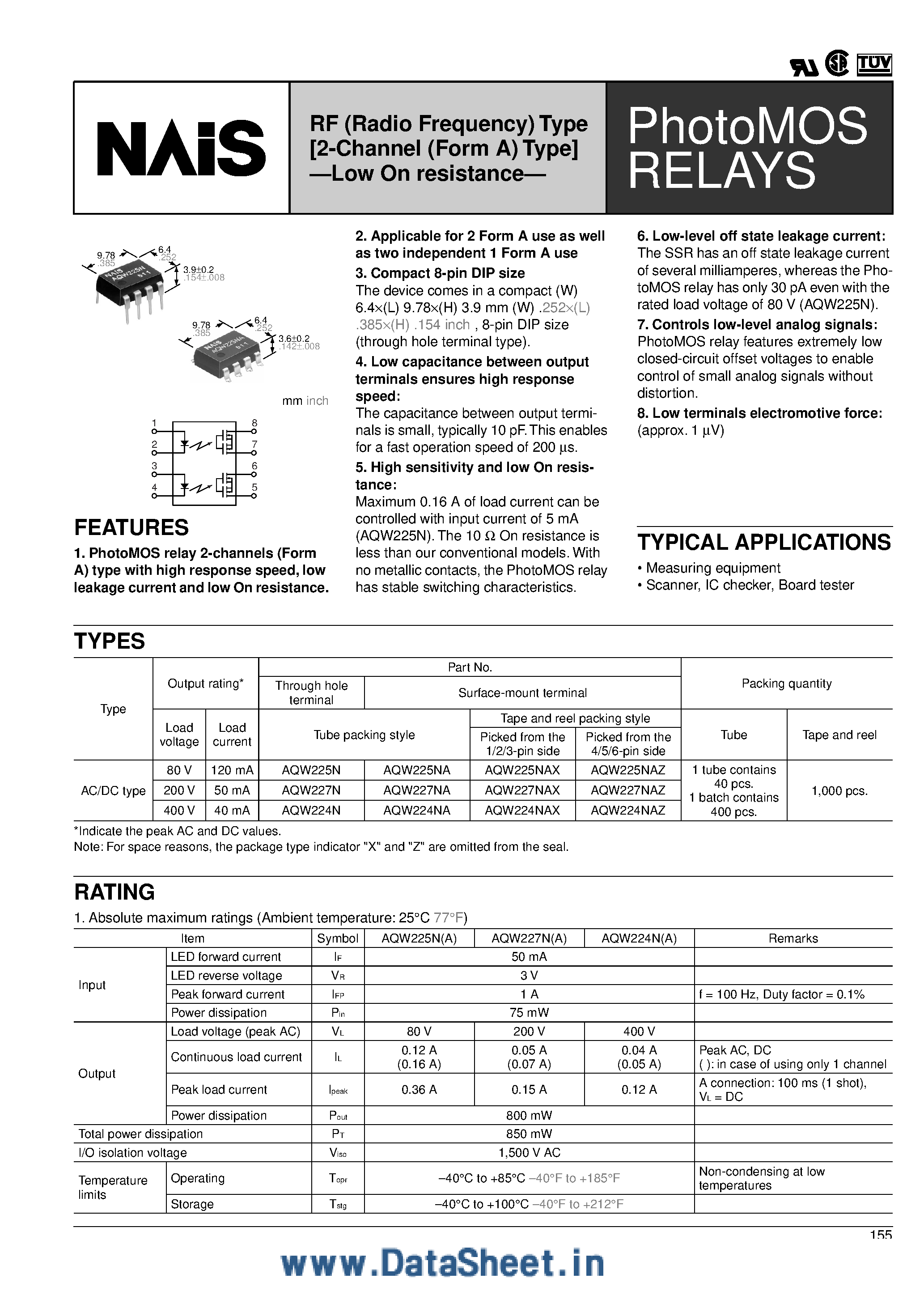 Datasheet AQW227N page 1 Datasheet AQW227N - Photo MOS Relays page 1