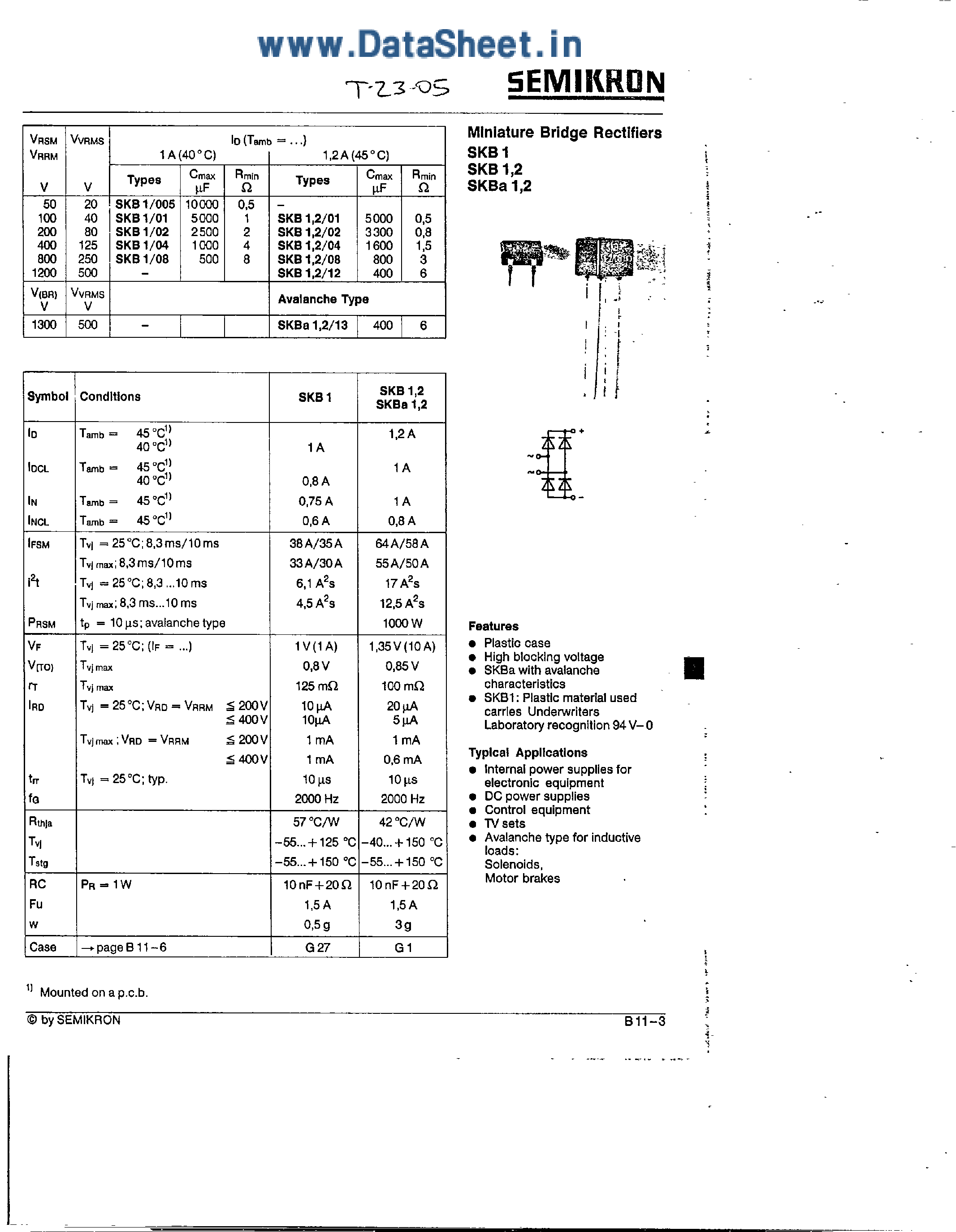 Datasheet SKB1xx page 1 Datasheet SKB1xx - Miniature Bridge Rectifiers page 1
