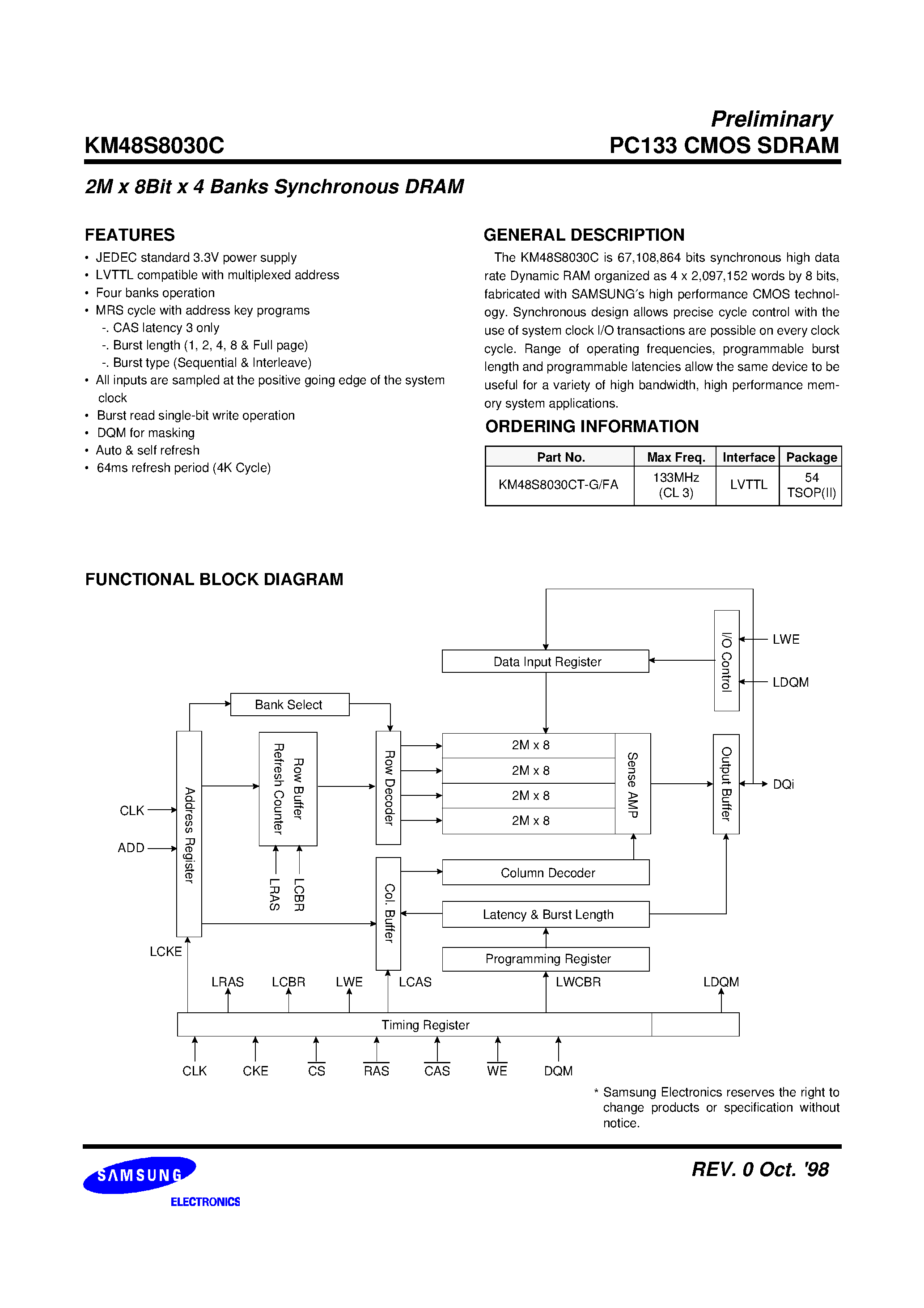 Datasheet KM48S8030C page 2 Datasheet KM48S8030C - 2M x 8Bit x 4 Banks Synchronous DRAM page 2