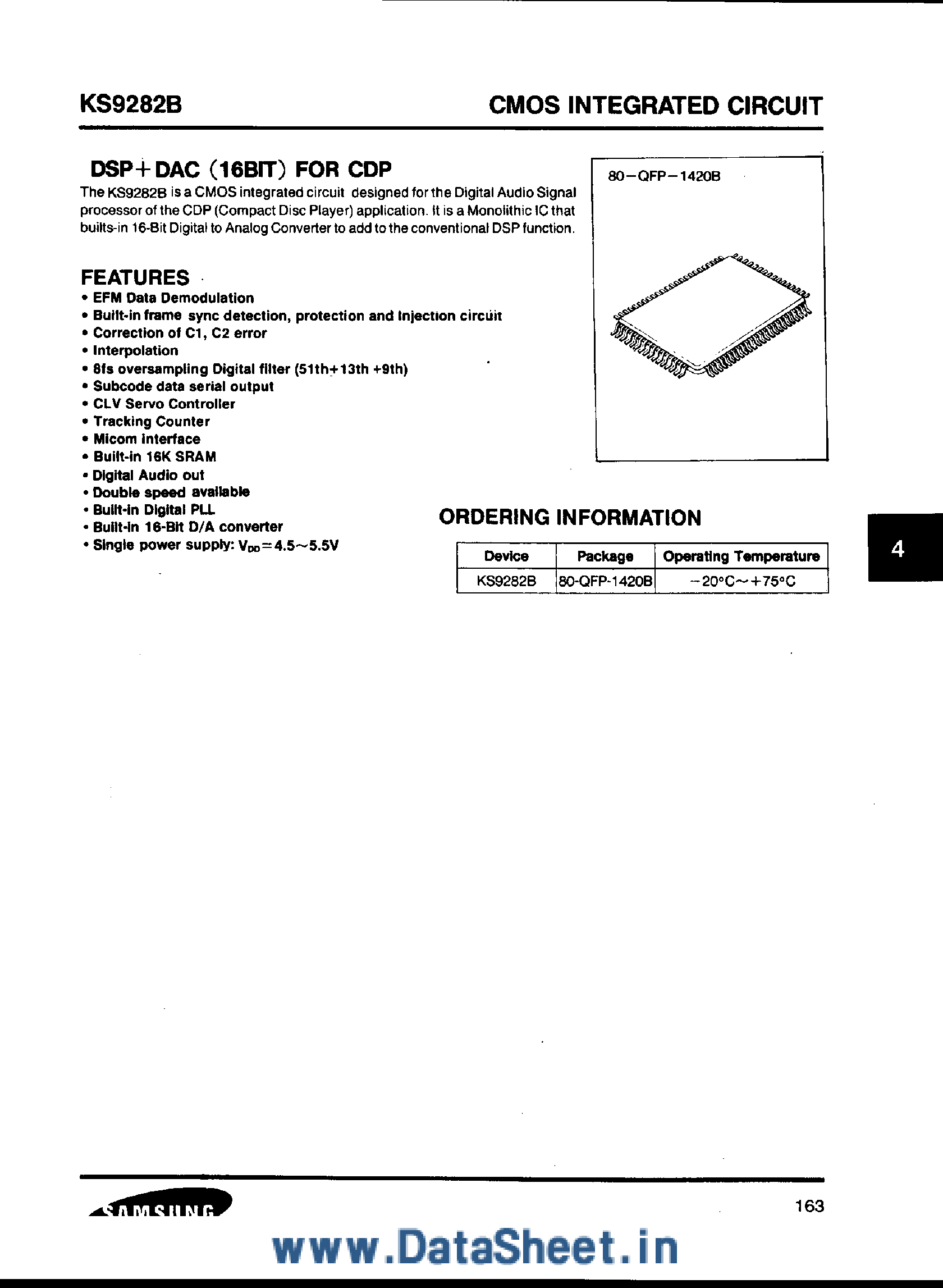 Datasheet KS9282B - DSP + DAC (16-Bit) for CDP page 1