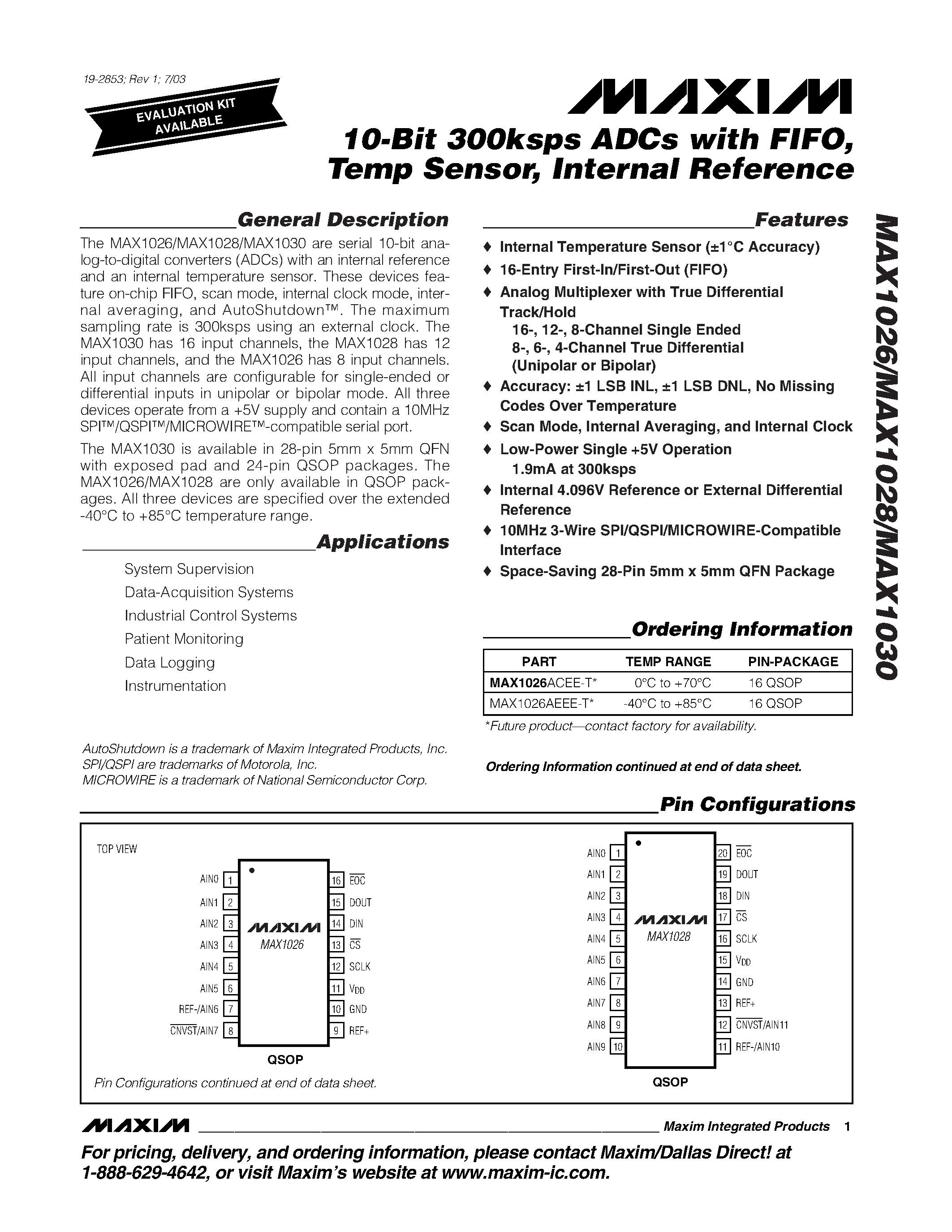Даташит MAX1026 - (MAX1030 / MAX1028 / MAX1026) 10-Bit 300ksps ADCs with FIFO / Temp Sensor / Internal Reference страница 1