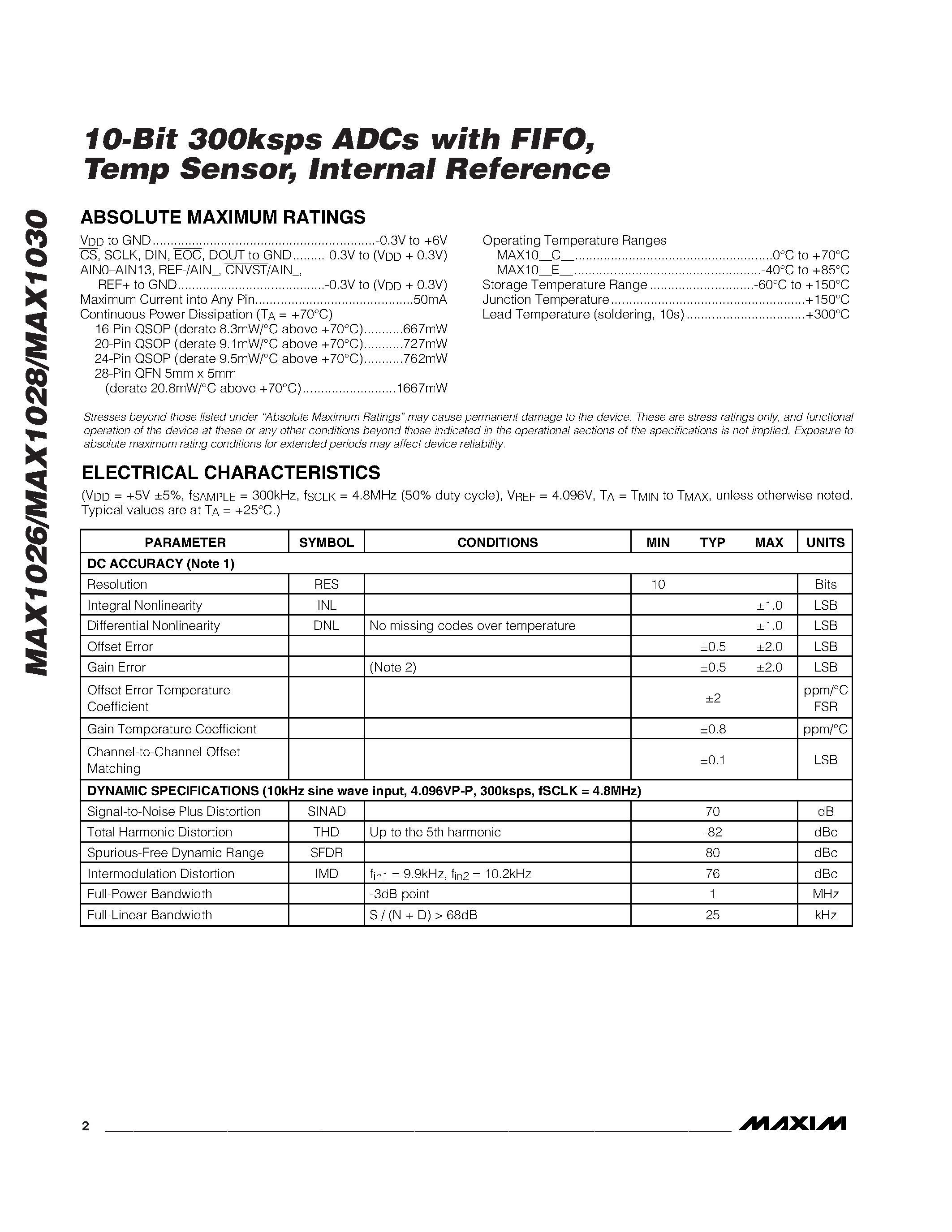 Даташит MAX1026 - (MAX1030 / MAX1028 / MAX1026) 10-Bit 300ksps ADCs with FIFO / Temp Sensor / Internal Reference страница 2