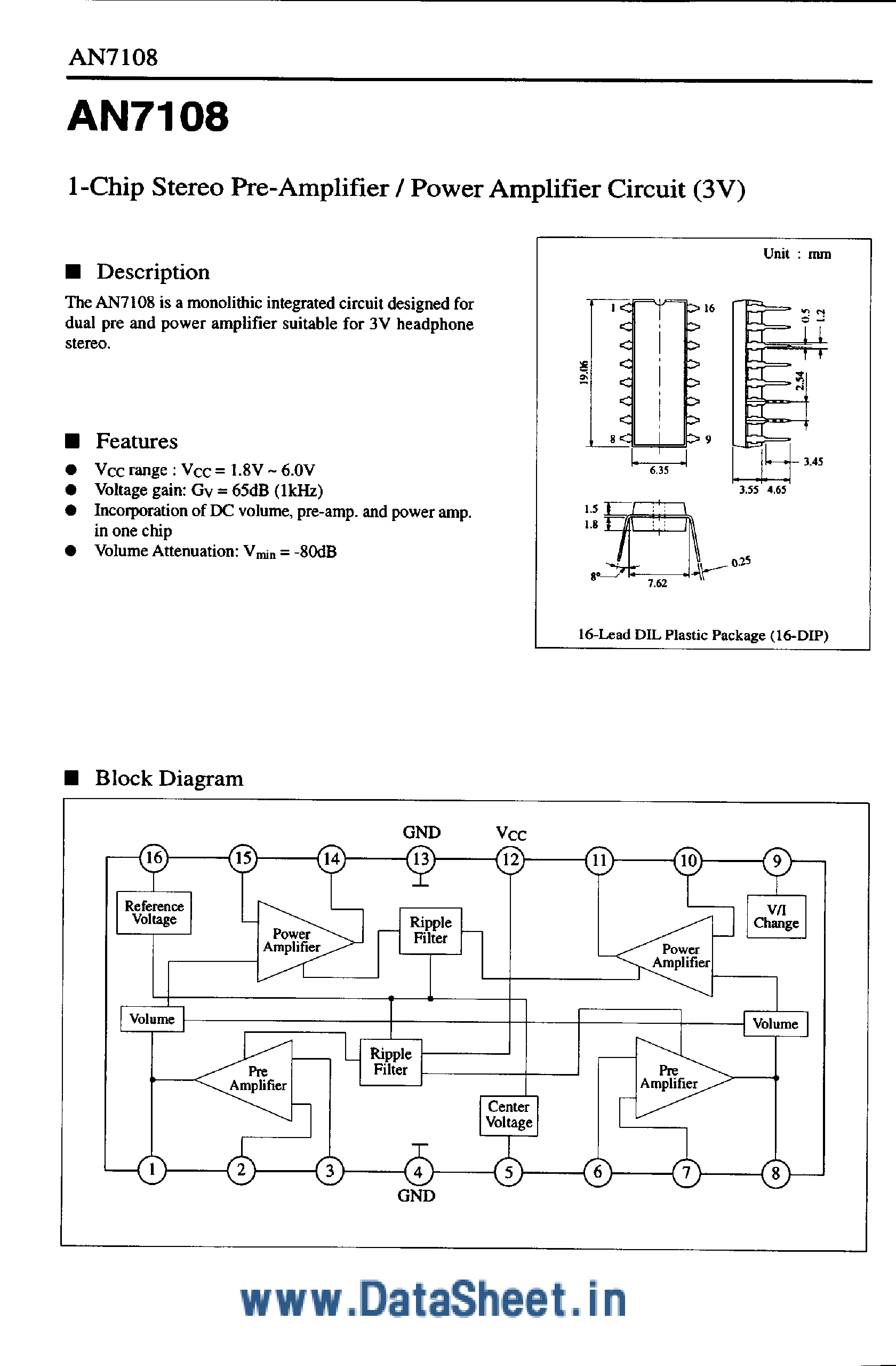 Даташит AN7108 - 1-Chip Stereo Pre-Amplifier / Power Amplifier Circuit страница 1