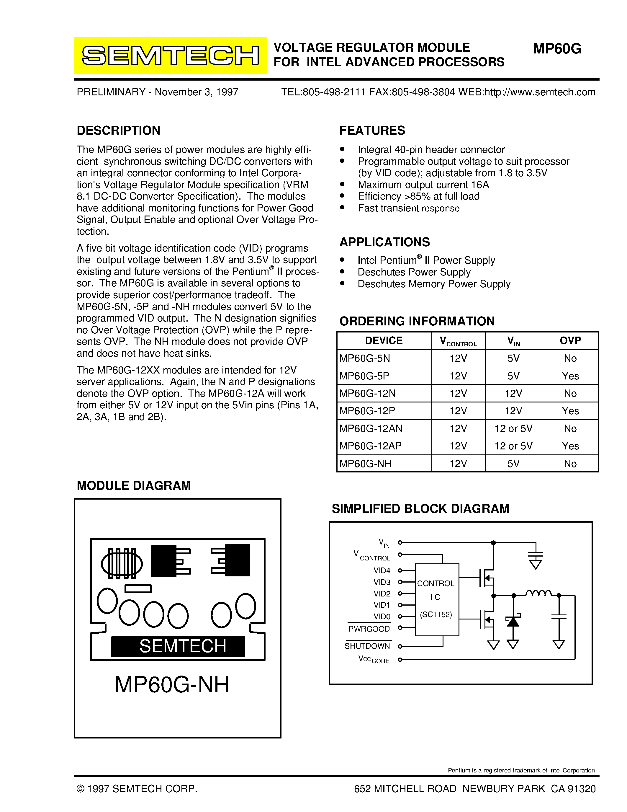 Datasheet MP60G - VOLTAGE REGULATOR MODULE FOR INTEL ADVANCED PROCESSORS page 1