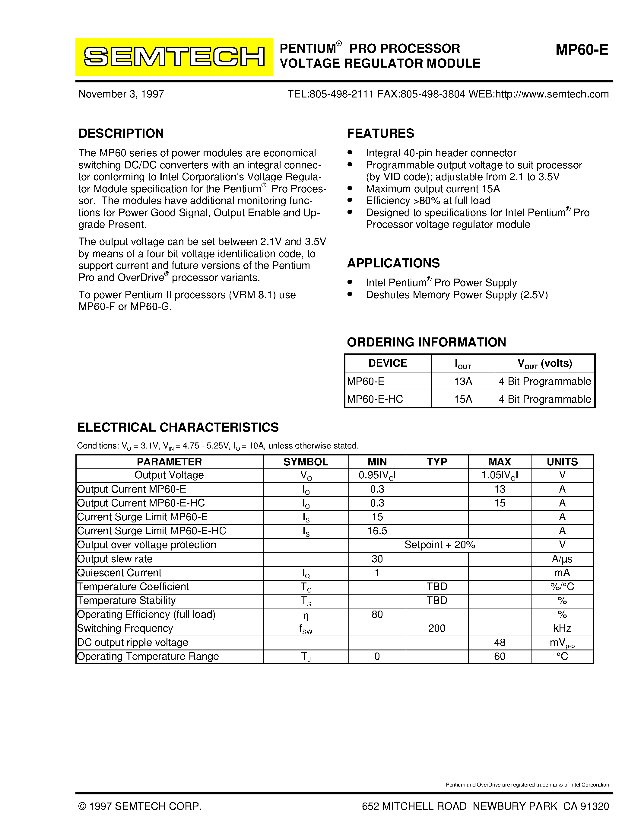 Datasheet MP60-E - PENTIUM PRO PROCESSOR VOLTAGE REGULATOR MODULE page 1