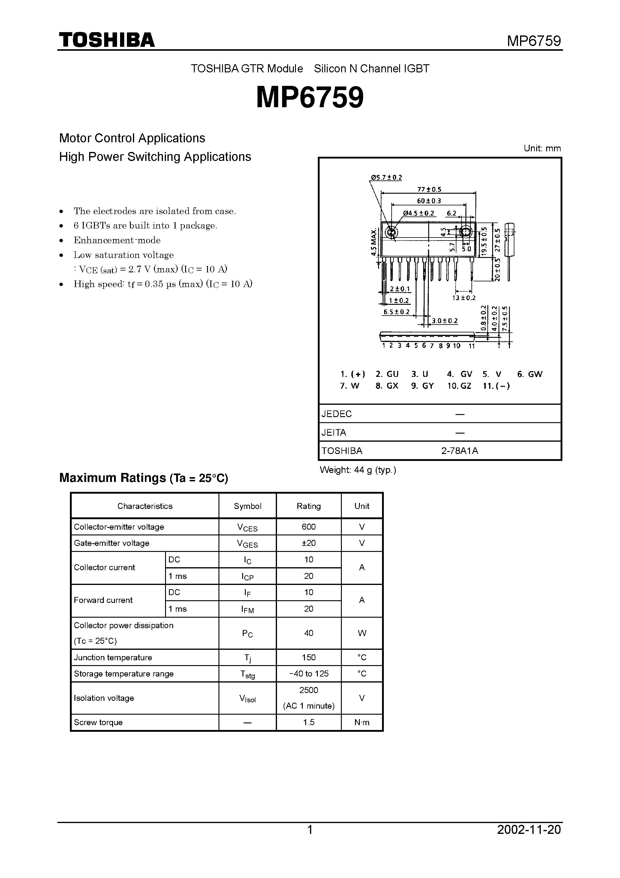 Datasheet MP6759 - TOSHIBA GTR Module Silicon N Channel IGBT page 1