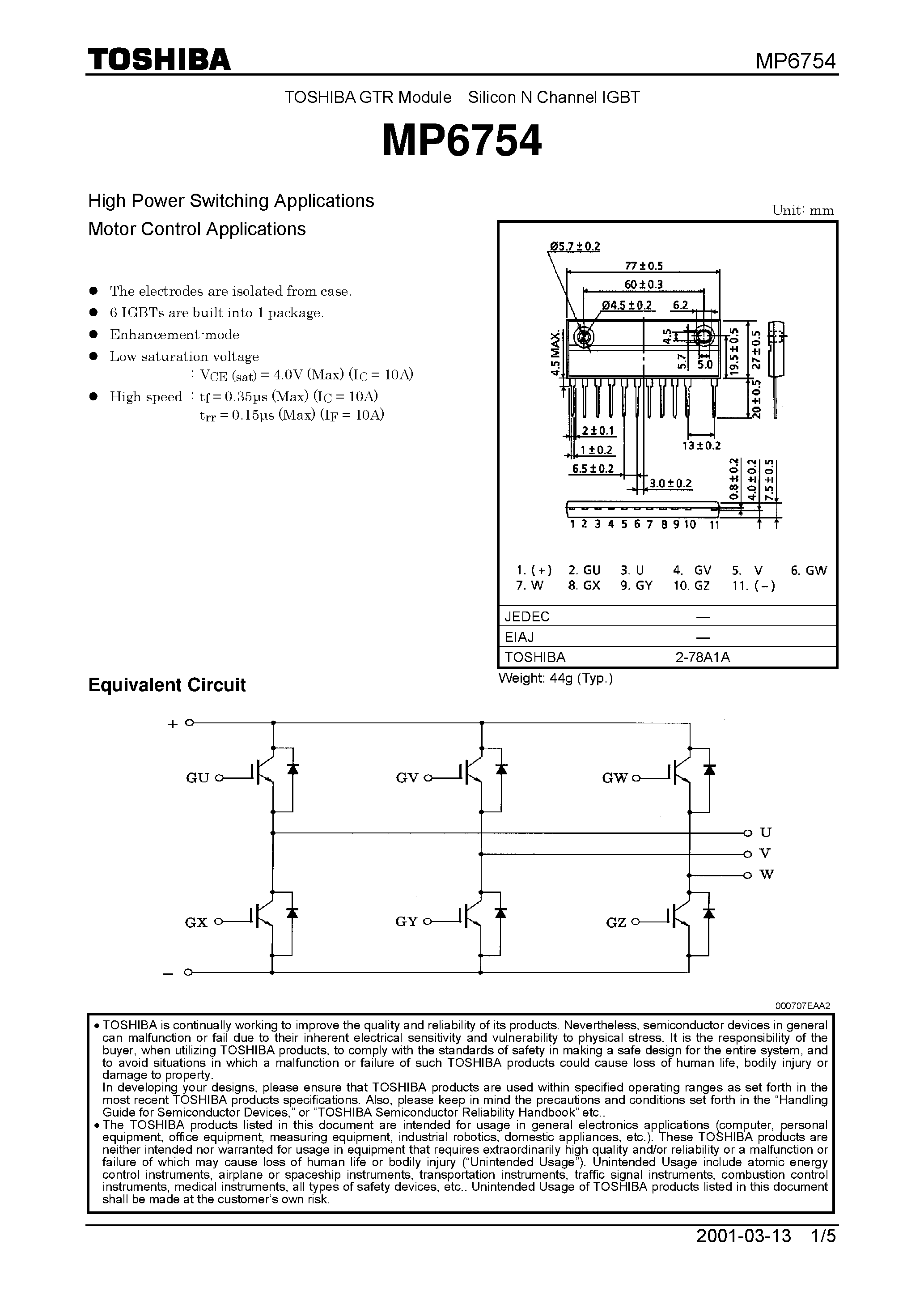 Datasheet MP6754 - Silicon N Channel IGBT(High Power Switching Applications Motor Control Applications) page 1
