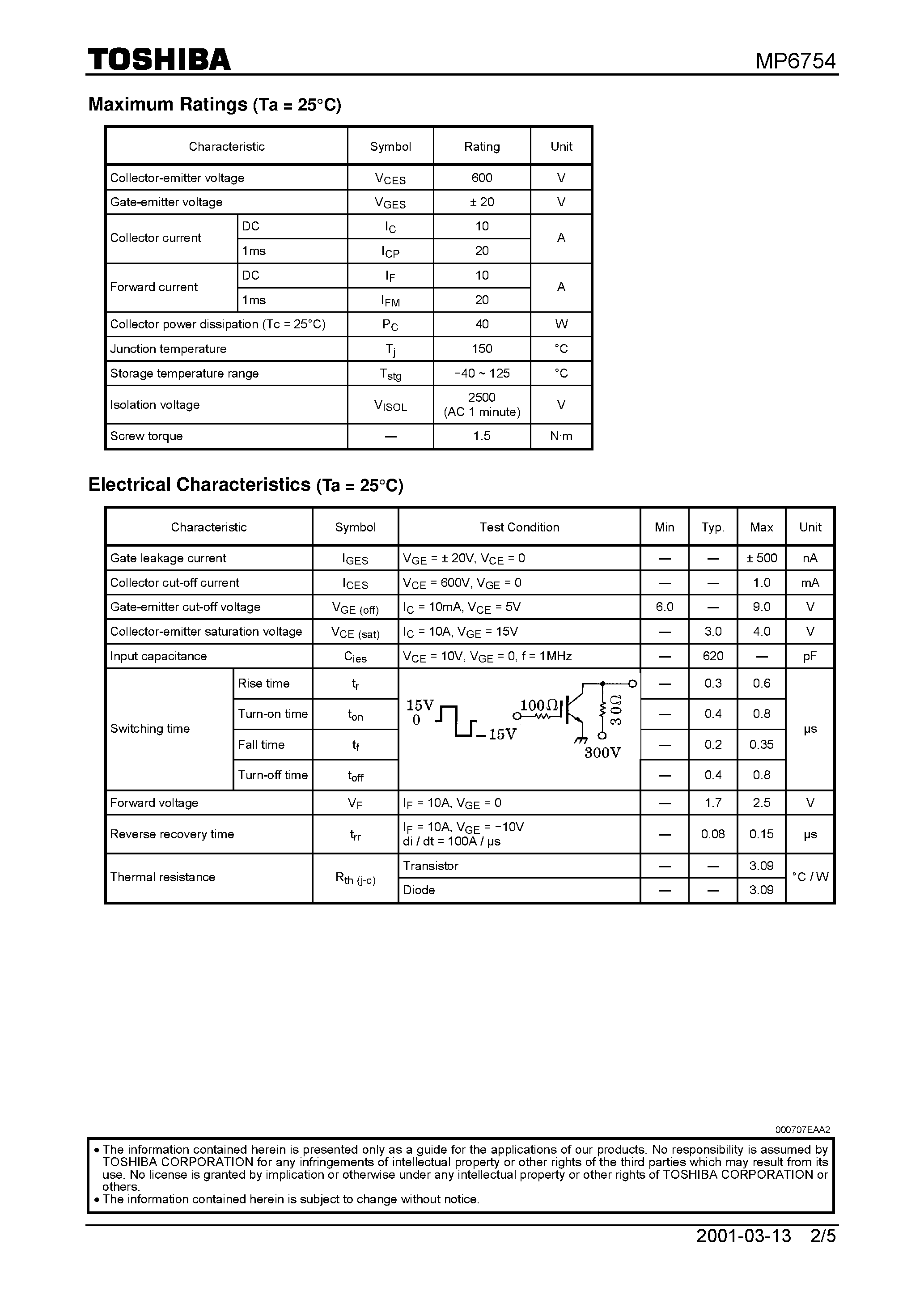 Datasheet MP6754 - Silicon N Channel IGBT(High Power Switching Applications Motor Control Applications) page 2